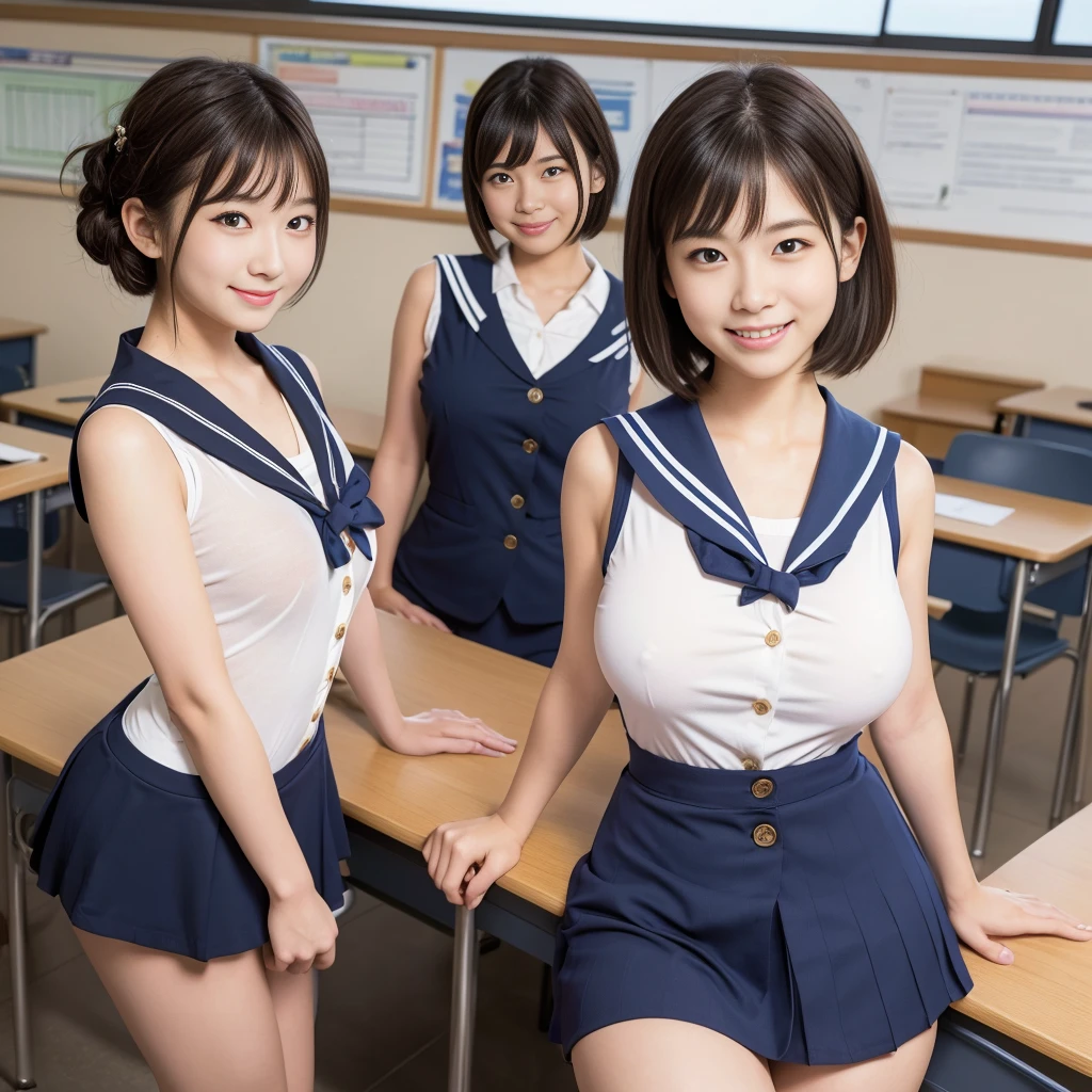 (Looking at me with a smile)、Big Breasts、(Nobody background)、classroom、(whole body)、Showing her side、Butt sticking out pose、Short Hair、(A sleeveless one-piece sailor suit with buttons)、(Micro Skirt)