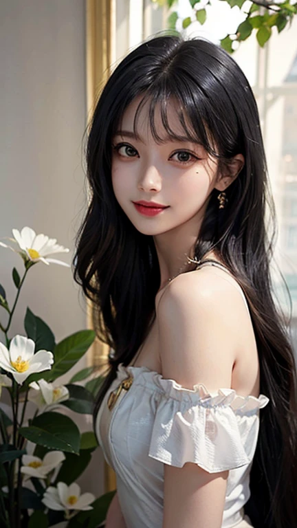 Dark Eyes, 1 girl, 16years old, White off-the-shoulder dress, Head tilted, Black long straight hair, graceful head, with a clear smile on her face, Chara, flat chest, slender,  golden background, stands among white flowers., Black Hair, Straight Hair, hair between eyes, parted bangs, long eyelashes, light smile, Realism, Surrealism, Art Deco, chiaroscuro, backlighting, feet out of frame, masterpiece, anatomically correct, super detail, great details, award-winning, best quality, 1080P, HD