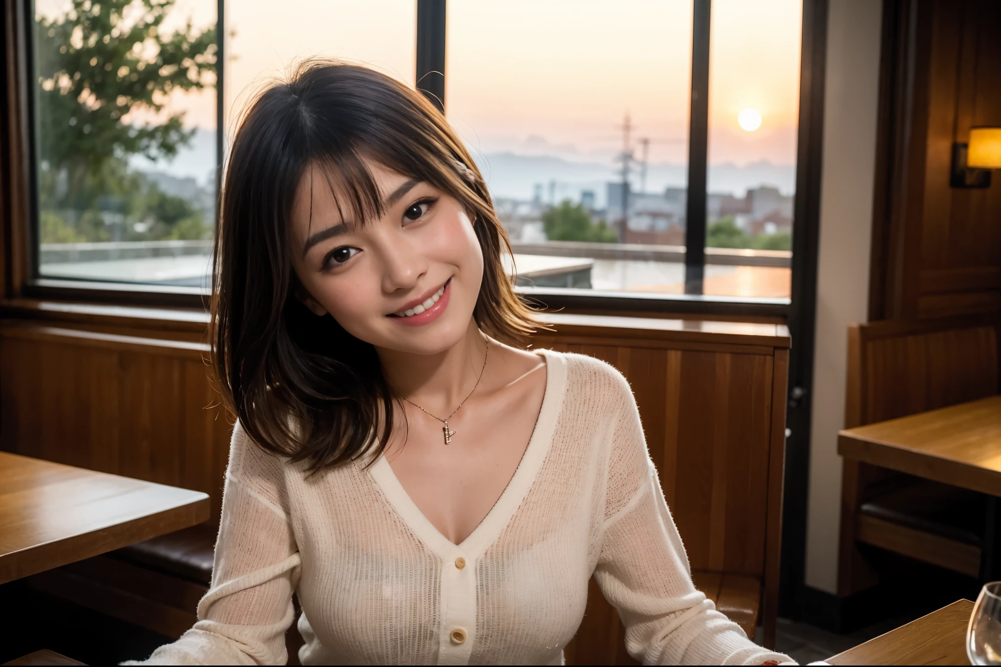 ((highest quality、8k、masterpiece:1.3))、1 male 1 female、石原さとみ似美女Couple、Lovers、Couple、The body is slim、full-course dinner、テーブルの上のwine glass、Shine light on your face、 Amazing view of the sunset sky and clouds、A bright smile、The wonderfulness of smile、Bright image、 short hair,Bright Face、 (Age 37), "41 years old, red wine 、Appetizers、Italian food、Wine bottle、Champagne、sparkling wine、Two beauties、Brown Hair、Shortcuts、Long sleeve shirt、dress、Pretty Woman 1, (slimな顔), (The body is slim), (Brown Hair), (Shortcuts), cheeks turn a little red,Attractive beauty、restaurant, In a prominent place (From the waist up) Nova Frog Style, actress, model, Upper Body, White wine, slim, wine glass, 中央に置かれたwine glass, smile, (smile: 1.15), Beautiful fine grain, Depth f/2,saturation, High Contrast, Strong light and shadow,Moist Body:1.5、3D texture、Delicate eyes、Brown Hair、The hair is very shiny、