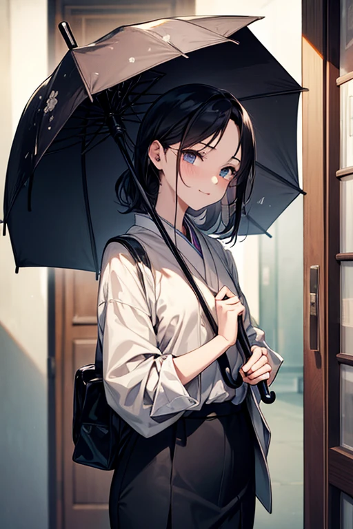 **prompt:**
Character Name:Yumiko Age:Age 32 Occupation:Banker personality:serious、Strong sense of responsibility、Hardworking Appearance:Elegant and sophisticated beauty Facial features:Delicate facial featureoist eyes and facial expression:Anxious、Smiling slightly Clothes:It is clean.、A little old-fashioned office suit background:Wet day、Standing in front of the door of a small apartment
**detailed:**
- Japan Women、32 years old - Well-groomed but wearing a slightly old-fashioned suit or office wear - Long, straight black hair、Well-styled - Deep and thoughtful eyes、Slightly tired look - light makeup、Natural look - carrying a small and beautiful umbrella、Wet with rain - Face shows subtle signs of stress and anxiety - Background:At the door of a small, modest apartment、It's raining - pause:With her head slightly down、A mixed expression of determination and hesitation - Hands:With an umbrella in one hand、Is your other hand lightly gripped?、I have a small old wallet - Lighting:Soft and natural light、The umbrella casts a shadow。
