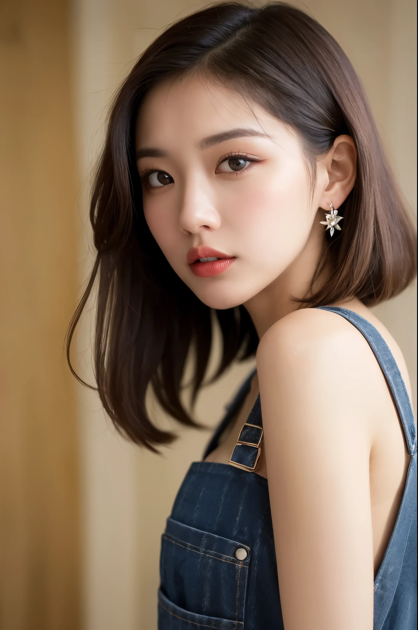 (((masterpiece))), (((highest quality: 1.4))), ((Very detailed: 1.4)) , (Full Body Shot), (Shot from the side), ((One Woman)), Incredible beauty、Voluptuous mature woman、((nude、Wearing a over-alls))、 Perfect look,double eyelidの目,Delicate makeup,Red lips、Cool Beauty, Accurately expresses details such as face and skin texture,(The most beautiful face and eyes), double eyelid,Delicate skin,