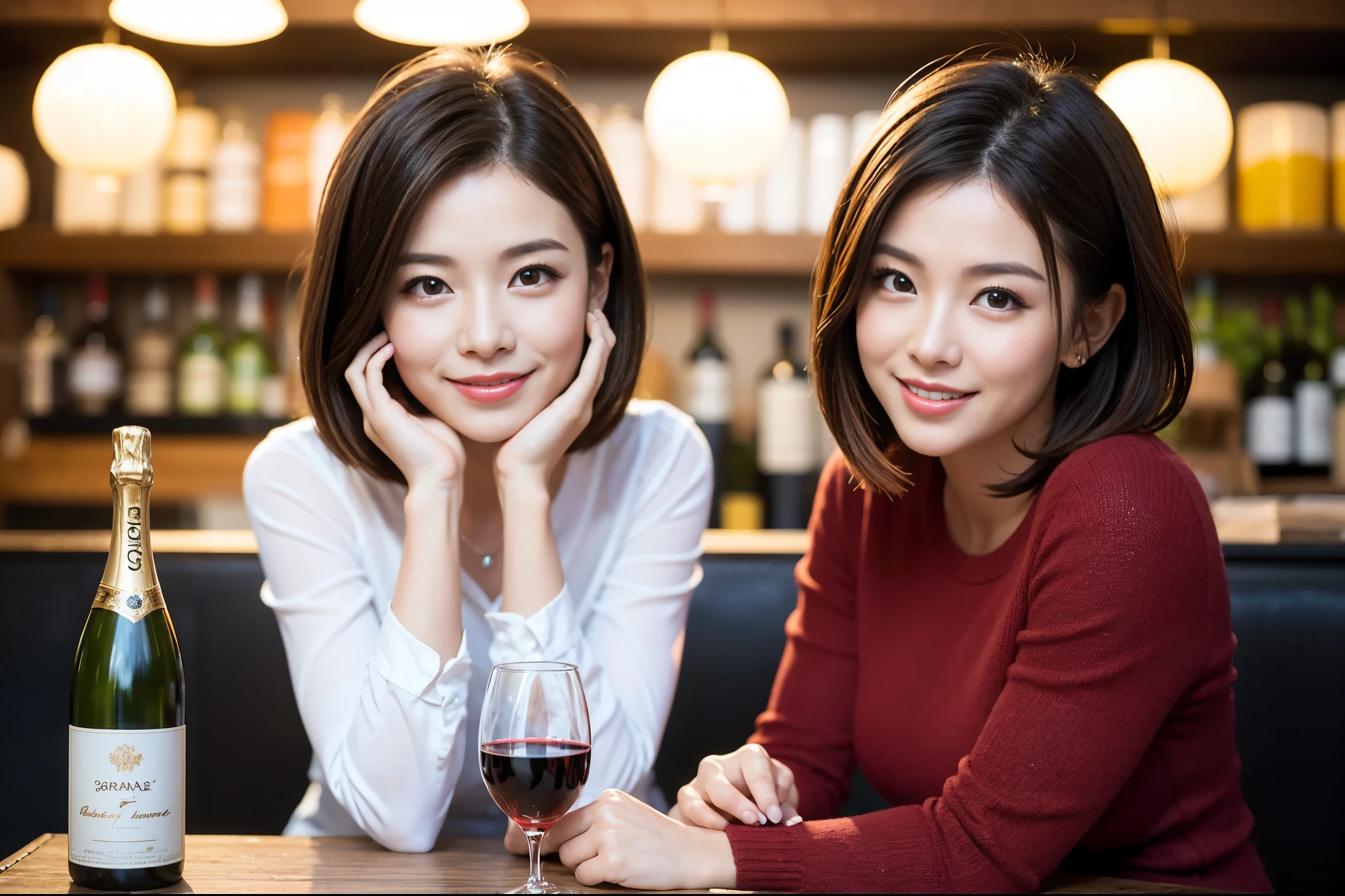 ((highest quality、8k、masterpiece:1.3))、1 male 1 female、石原さとみ似美女Couple、Lovers、Couple、The body is slim、full-course dinner、テーブルの上のwine glass、Shine light on your face、 Amazing view of the sunset sky and clouds、A bright smile、The wonderfulness of smile、Bright image、 short hair,Bright Face、 (Age 37), "41 years old, red wine 、Appetizers、Italian food、Wine bottle、Champagne、sparkling wine、Two beauties、Brown Hair、Shortcuts、Long sleeve shirt、dress、Pretty Woman 1, (slimな顔), (The body is slim), (Brown Hair), (Shortcuts), cheeks turn a little red,Attractive beauty、restaurant, In a prominent place (From the waist up) Nova Frog Style, actress, model, Upper Body, White wine, slim, wine glass, 中央に置かれたwine glass, smile, (smile: 1.15), Beautiful fine grain, Depth f/2,saturation, High Contrast, Strong light and shadow,Moist Body:1.5、3D texture、Delicate eyes、Brown Hair、The hair is very shiny、