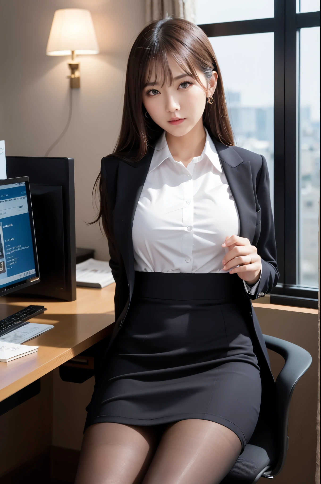 (masterpiece), ((highest quality)), (masterpiece,highest quality,Official Art,Highly detailed CG Unity 8k wallpaper), (The most noble and beautiful), (Mastepiece), (高学歴のwoman),Beauty Photography, woman,alone,(An elegant, upper-class, super elite secretary in a business shirt),Perfect look,double eyelidの目,Delicate makeup, Working in the office,厳格なsuitを着ている, (Wearing pantyhose),Wear high-end heels,Girl in a shirt, suitを着た, Huge boobs,Esbian all over,suitを着た, suitを着た, merchant, Business attire, 黒いsuitを着て, Please wear a shirt and skirt, suitを着たwoman, suit,Computer chair,please sit down,Erlang'Foot,High heels,Show Viewer,Bright,Intricate details,Feet Focus,((Shooting from below)),Cool Beauty,(Tall Girl),Dark brown hair, Small earrings,Accurately expresses details such as face and skin texture,(The most beautiful face and eyes), double eyelid,Delicate skin,Slim figure,alone,Big Breasts,(最も美しく高貴なSmall earringsを着けて), Silk blouse, Glossy black pantyhose