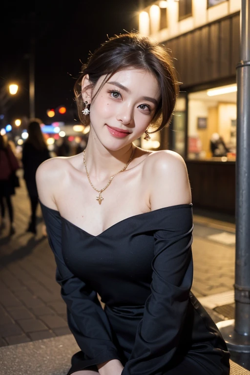 ((8k, highest quality, masterpiece、Realistic、Ultra-high resolution))、((Japanese women))、((Black Short Hair))、(Small breasts)、((thin thin eyebrows))、(((A mole in the corner of the eye)))、((Face is golden ratio))、smile、((Downtown at night))、((Beautiful Face))、(((clothes))、Beautiful Eyes、Delicate face、Sitting、Toned waist、Heart Necklace、big round earrings、Beautiful décolletage、Off the shoulder、BAR