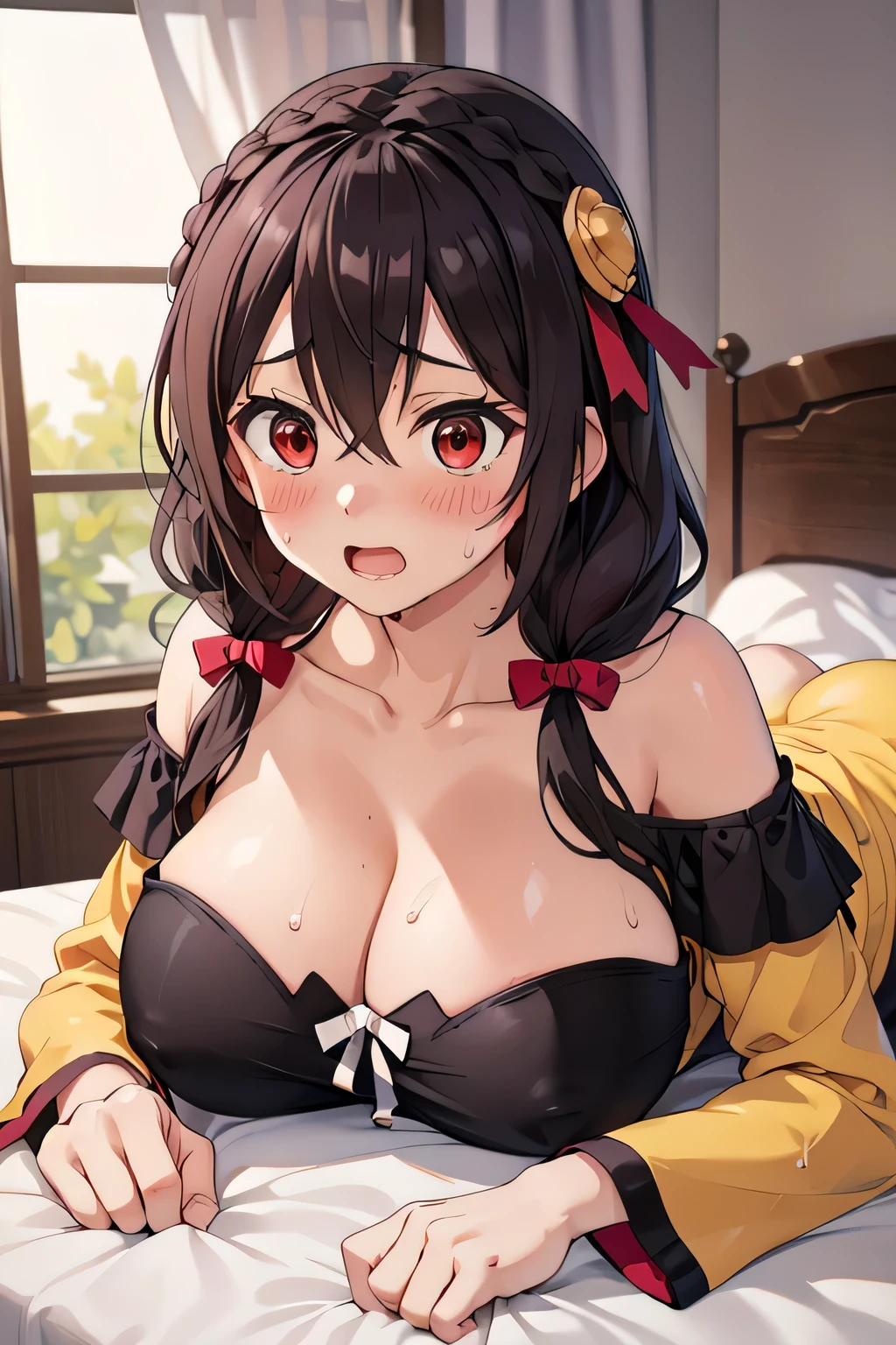 masterpiece,highest quality,High resolution,Very detailed,yes,Long Hair,Braiding,Twin tails,Hair between the eyes,Hair Ribbon,hair ornaments,(Big Breasts:1.5),(Yellow off-the-shoulder pajamas with white sleeves:1.2),bed,Embarrassed look,No pants,Sweat,Wet,Red Eyes、Open your mouth a little、The face blushes、Beautiful eyes、Pants are pink、on stomach, lying