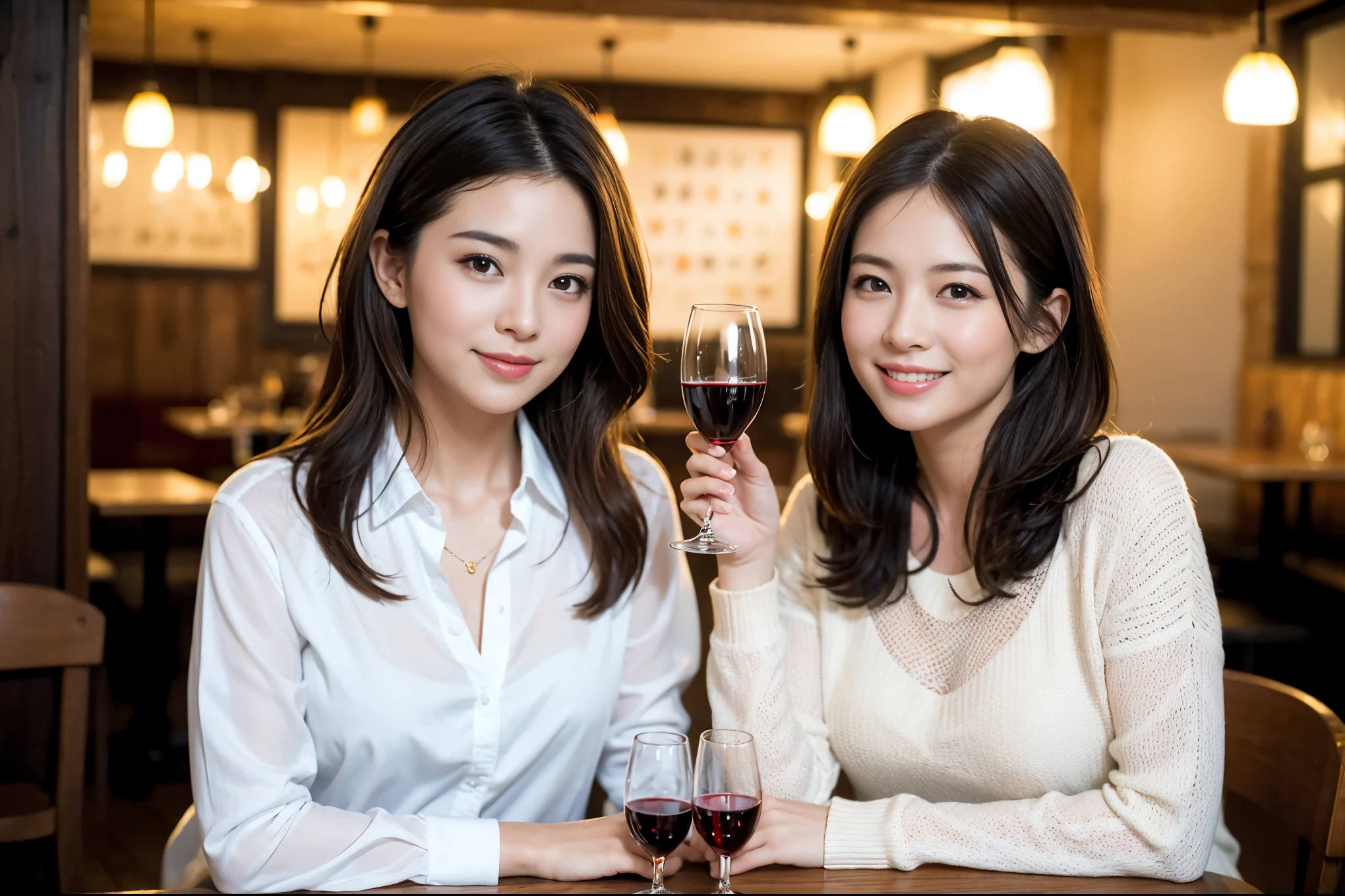 ((highest quality、8k、masterpiece:1.3))、1 male 1 female、石原さとみ似美女Couple、Lovers、Couple、The body is slim、full-course dinner、テーブルの上のwine glass、Shine light on your face、 Amazing view of the sunset sky and clouds、A bright smile、The wonderfulness of smile、Bright image、 short hair,Bright Face、 (Age 37), "41 years old, red wine 、Appetizers、Italian food、Wine bottle、Champagne、sparkling wine、Two beauties、Brown Hair、Shortcuts、Long sleeve shirt、dress、Pretty Woman 1, (slimな顔), (The body is slim), (Brown Hair), (Shortcuts), cheeks turn a little red,Attractive beauty、restaurant, In a prominent place (From the waist up) Nova Frog Style, actress, model, Upper Body, White wine, slim, wine glass, 中央に置かれたwine glass, smile, (smile: 1.15), Beautiful fine grain, Depth f/2,saturation, High Contrast, Strong light and shadow,Moist Body:1.5、3D texture、Delicate eyes、Brown Hair、The hair is very shiny、