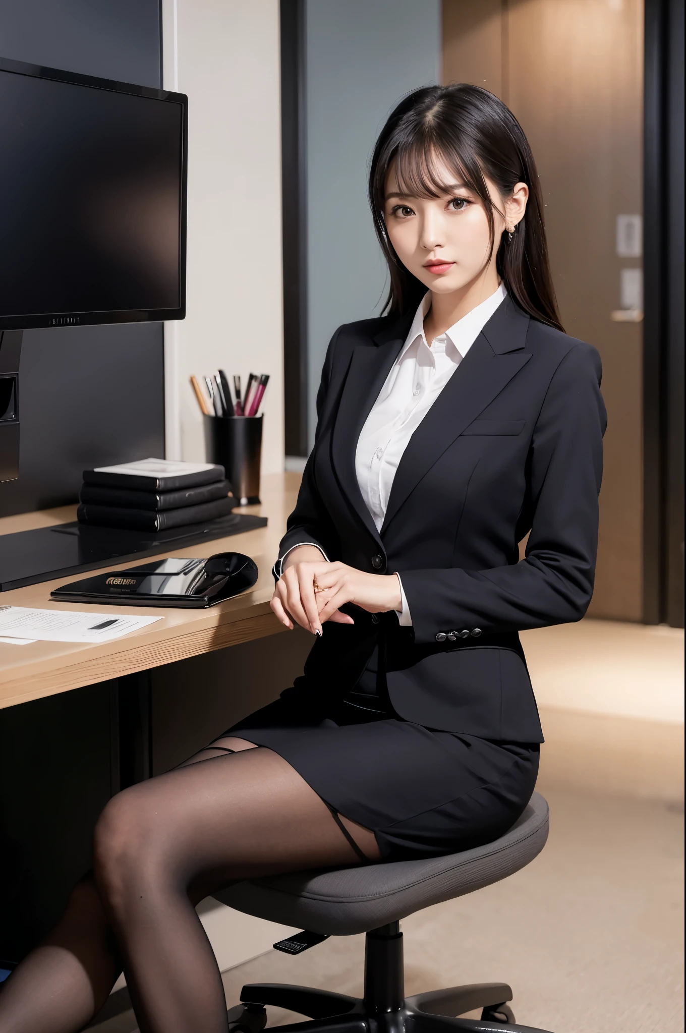 (masterpiece), ((highest quality)), (masterpiece,highest quality,Official Art,Highly detailed CG Unity 8k wallpaper), (The most noble and beautiful), (Mastepiece), (高学歴のwoman),Beauty Photography, woman，alone,(An elegant, upper-class, super elite secretary in a business shirt),Perfect look，double eyelidの目，Delicate makeup， Working in the office,厳格なsuitを着ている, (Wearing pantyhose),Wear high-end heels,Girl in a shirt, suitを着た, Huge boobs,Esbian all over,suitを着た, suitを着た, merchant, Business attire, 黒いsuitを着て, Please wear a shirt and skirt, suitを着たwoman, suit，Computer chair，please sit down，Erlang&#39;Foot，High heels，Show Viewer，Bright，Intricate details，Feet Focus,((Shooting from below)),Cool Beauty,(Tall Girl),Dark brown hair, Small earrings,Accurately expresses details such as face and skin texture,(The most beautiful face and eyes), double eyelid,Delicate skin,Slim figure,alone,Big Breasts,(最も美しく高貴なSmall earringsを着けて), Silk blouse, Glossy black pantyhose
