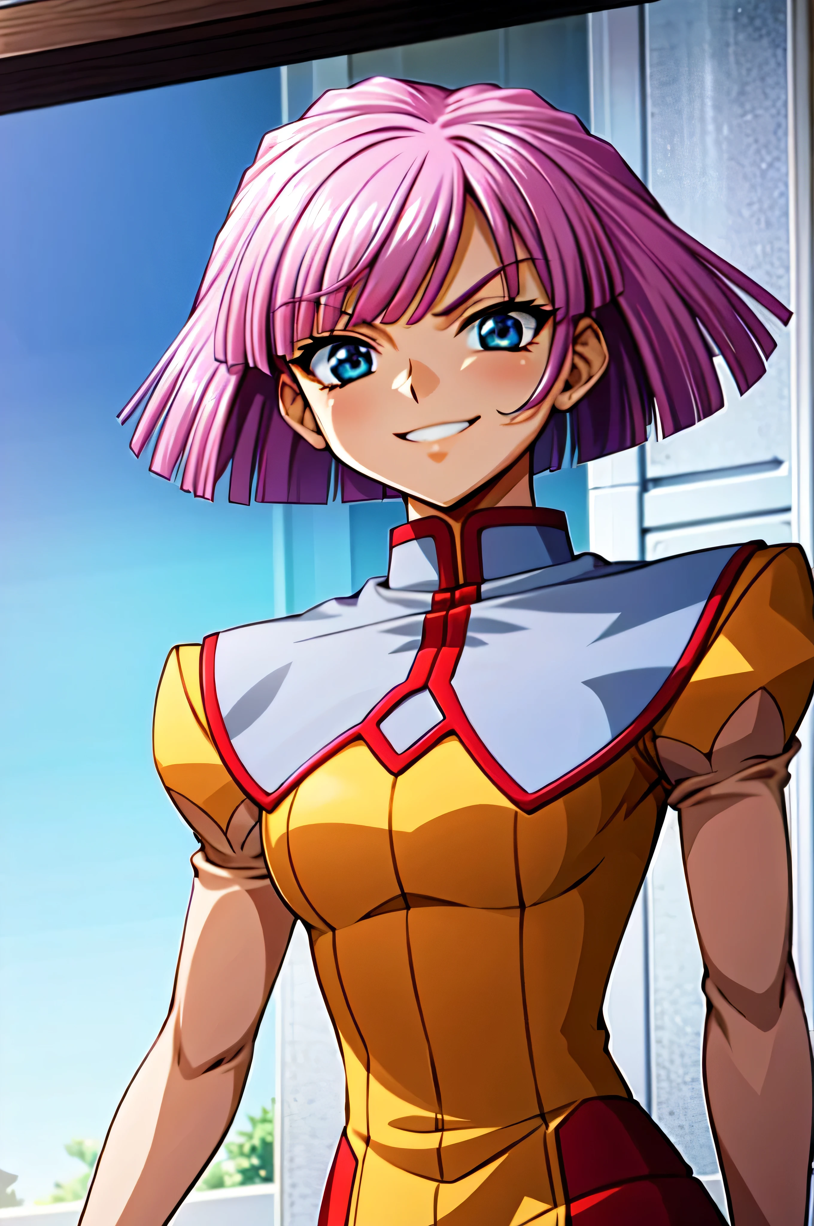 (best_quality 4K, 8K, High resolution, Masterpiece: 1.2), ultra detailed),from_below,(anime_screencap),(1girl,solo),dynamic_angle,very evil_smile worst,worst evil laugh at,tis,shadeded_face,worst sadistic,smile worst,,bob short hair,,upper body,looking at viewer,two hands,look down,