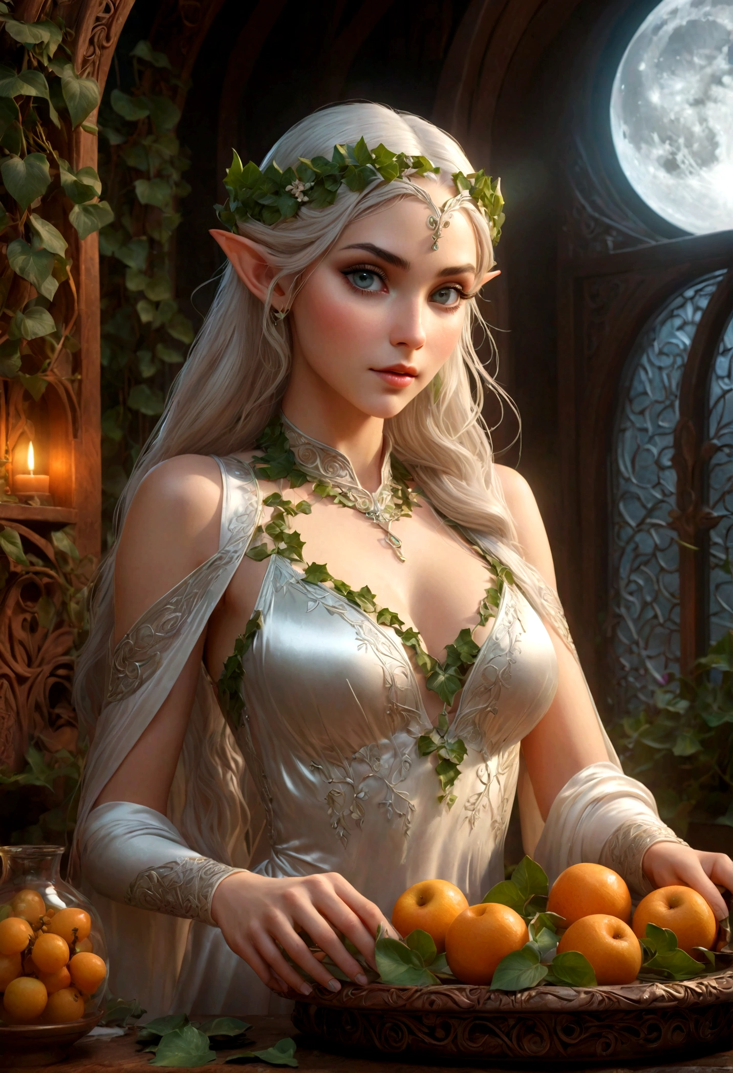 a high fantasy elven kitchen, ivy and flower trim, a single small fruit on a carving tray, a lovely elven woman in a sexy translucent moon silk dress, detailed face and eyes, intricate floral patterns, warm lighting, photorealistic, 8k, masterpiece, concept art