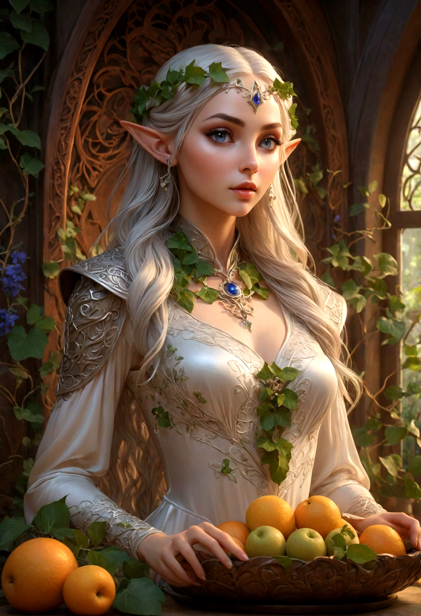 a high fantasy elven kitchen, ivy and flower trim, a single small fruit on a carving tray, a lovely elven woman in a sexy translucent moon silk dress, detailed face and eyes, intricate floral patterns, warm lighting, photorealistic, 8k, masterpiece, concept art