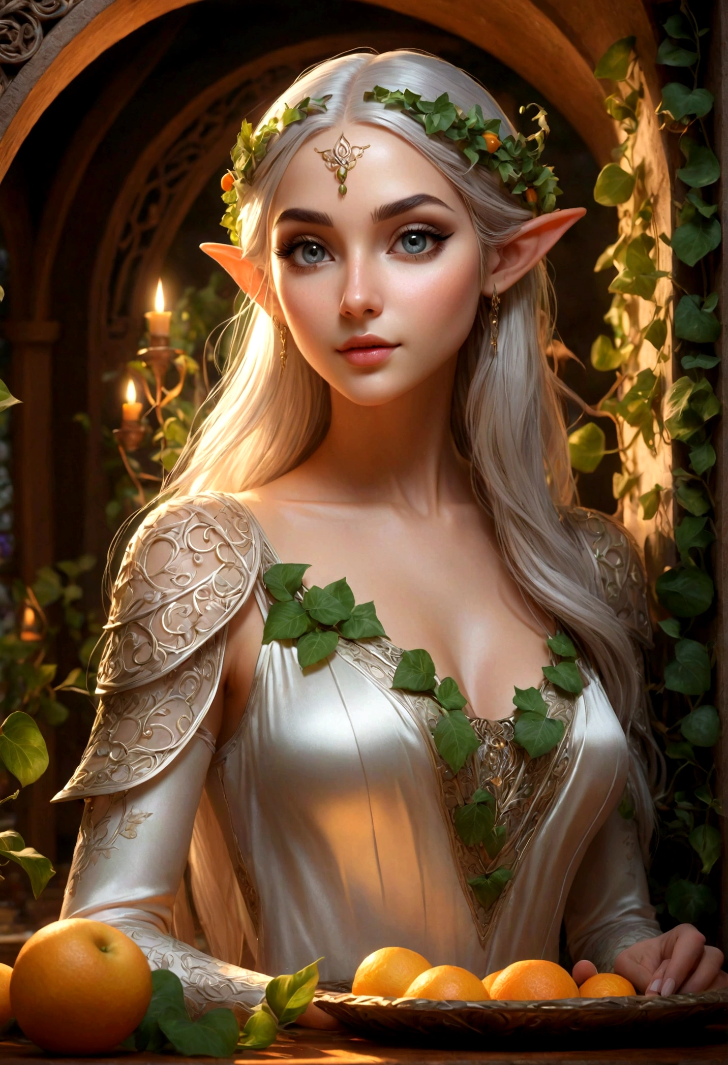 a high fantasy elven kitchen, ivy and flower trim, a single small fruit on a carving tray, a lovely elven woman in a sexy translucent moon silk dress, detailed face and eyes, intricate floral patterns, warm lighting, photorealistic, 8k, masterpiece, concept art