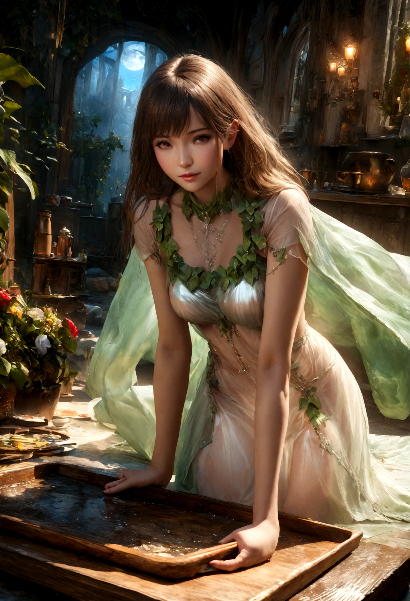 a high fantasy elven kitchen,ivy and flower trim work,a single small fruit on a carving tray,a lovely elven woman in a sexy translucent moon silk dress,best quality,4k,8k,highres,masterpiece:1.2,ultra-detailed,realistic,photorealistic,photo-realistic:1.37,HDR,UHD,studio lighting,ultra-fine painting,sharp focus,physically-based rendering,extreme detail description,professional,vivid colors,bokeh,fantasy,magical,ethereal,glowing
