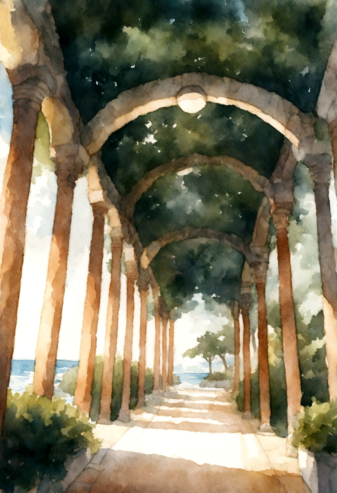 porchway, sea, cypress trees, Watercolor