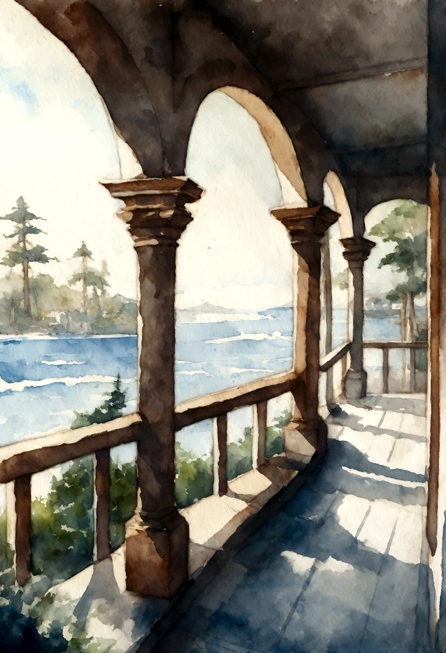 porchway, sea, cypress trees, Watercolor