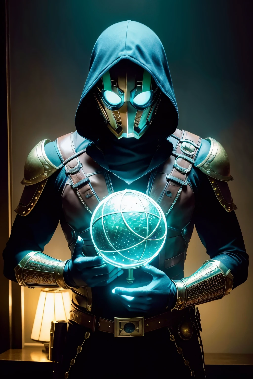 ((best quality)), ((masterpiece)), (detailed), Mysterio from Marvel, Steampunk, neon lighting