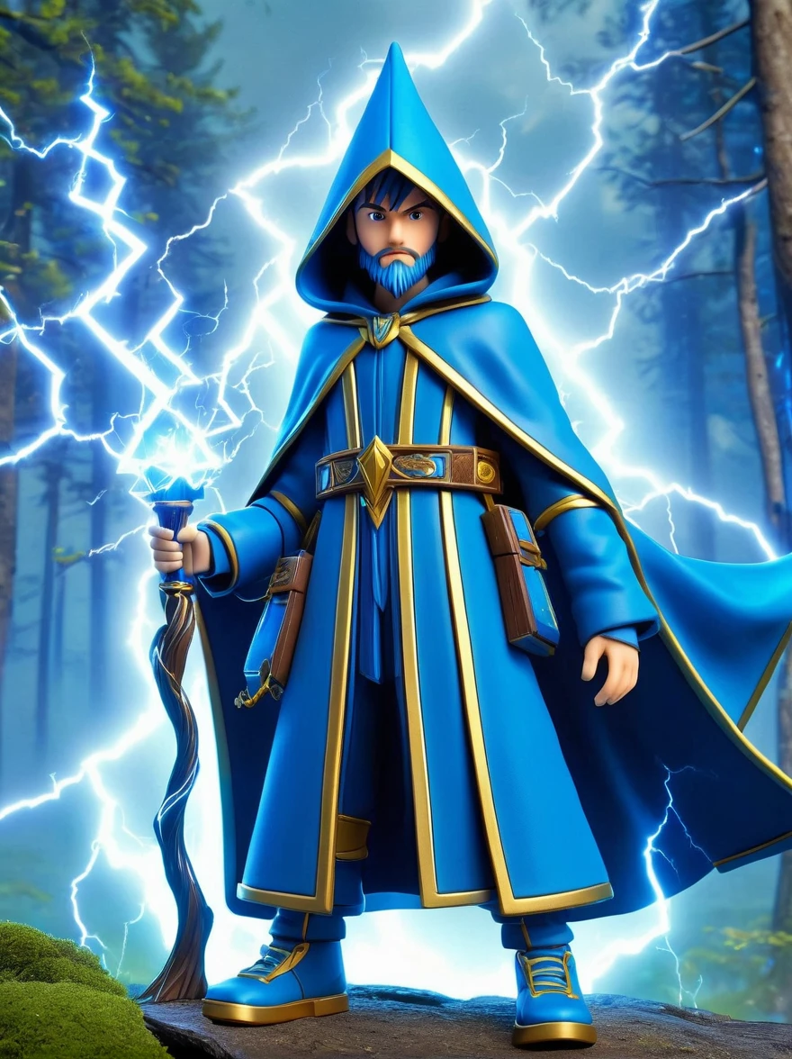 1boy, solo, Lightning energy，Electricity elements，Wearing a blue hooded wizard robe，(A wizard beard on his chin)，Holding a blue staff，Center image，symmetry，Medieval magic forest background，Casting magic gesture，Blue Highlight Lightning，Explosion，Best quality，Original，Cartoon Style，3D character rendering，Created with C4D and Blender，precise，Blind box toy style，Super Detail，Anatomically correct，masterpiece, 1djxz1