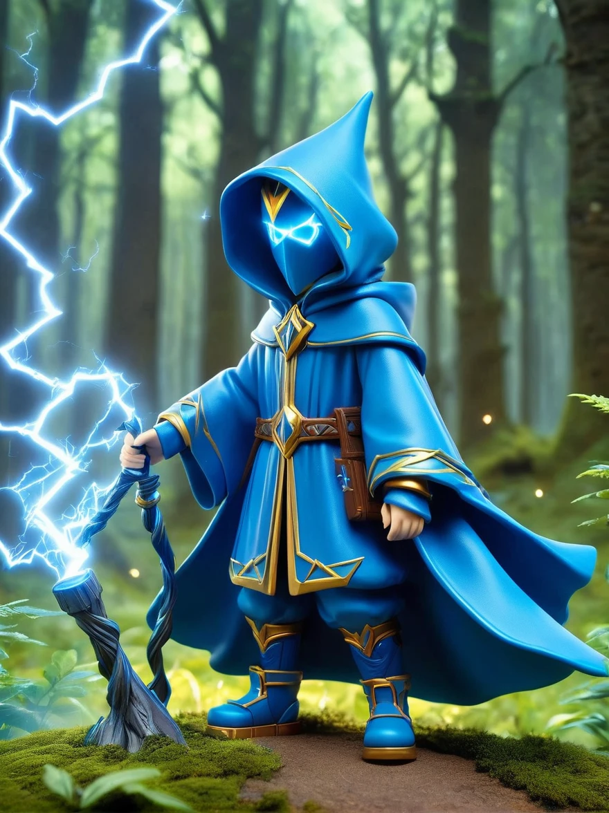 1boy, solo, Lightning energy，Electricity elements，Wearing a blue hooded wizard robe，(A wizard beard on his chin)，Holding a blue staff，Center image，symmetry，Medieval magic forest background，Casting magic gesture，Blue Highlight Lightning，Explosion，Best quality，Original，Cartoon Style，3D character rendering，Created with C4D and Blender，precise，Blind box toy style，Super Detail，Anatomically correct，masterpiece, 1djxz1