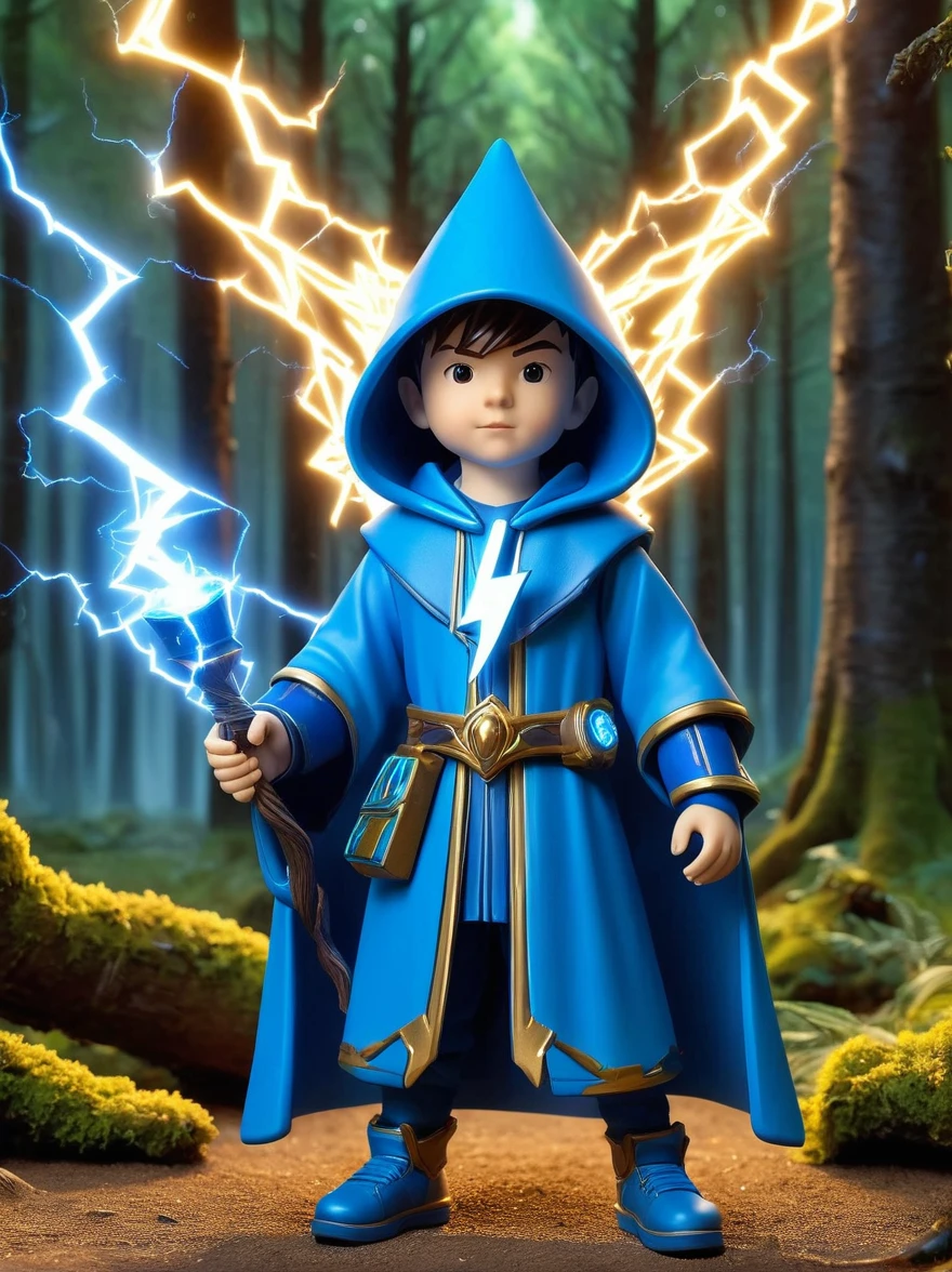 1boy, solo, Lightning energy，Electricity elements，Wearing a blue hooded wizard robe，(A wizard beard on his chin)，Holding a blue staff，Center image，symmetry，Medieval magic forest background，Casting magic gesture，Blue Highlight Lightning，Explosion，Best quality，Original，Cartoon Style，3D character rendering，Created with C4D and Blender，precise，Blind box toy style，Super Detail，Anatomically correct，masterpiece, 1djxz1