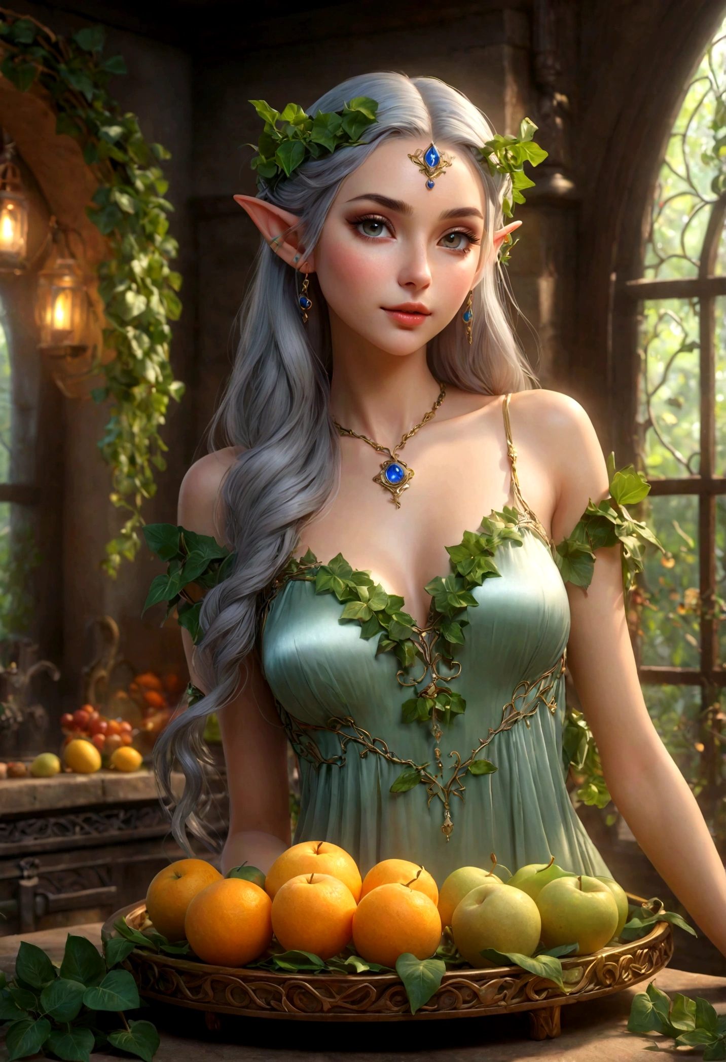 a high fantasy elven kitchen,ivy and flower trim work,a single small fruit on a carving tray,a lovely elven woman in a sexy translucent moon silk dress,best quality,4k,8k,highres,masterpiece:1.2,ultra-detailed,realistic,photorealistic,photo-realistic:1.37,HDR,UHD,studio lighting,ultra-fine painting,sharp focus,physically-based rendering,extreme detail description,professional,vivid colors,bokeh,fantasy,magical,ethereal,glowing