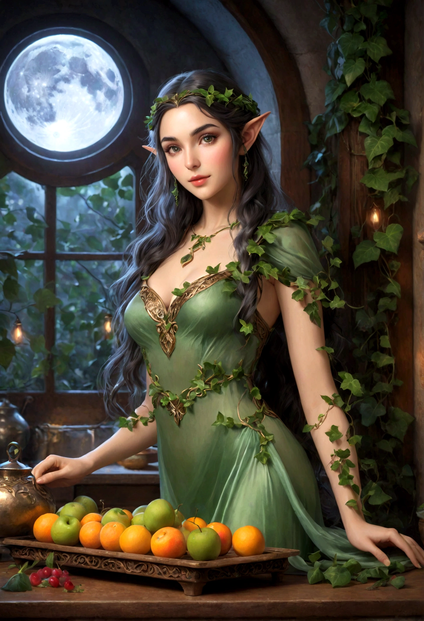 a high fantasy elven kitchen,ivy and flower trim work,a single small fruit on a carving tray,a lovely elven woman in a sexy translucent moon silk dress,best quality,4k,8k,highres,masterpiece:1.2,ultra-detailed,realistic,photorealistic,photo-realistic:1.37,HDR,UHD,studio lighting,ultra-fine painting,sharp focus,physically-based rendering,extreme detail description,professional,vivid colors,bokeh,fantasy,magical,ethereal,glowing