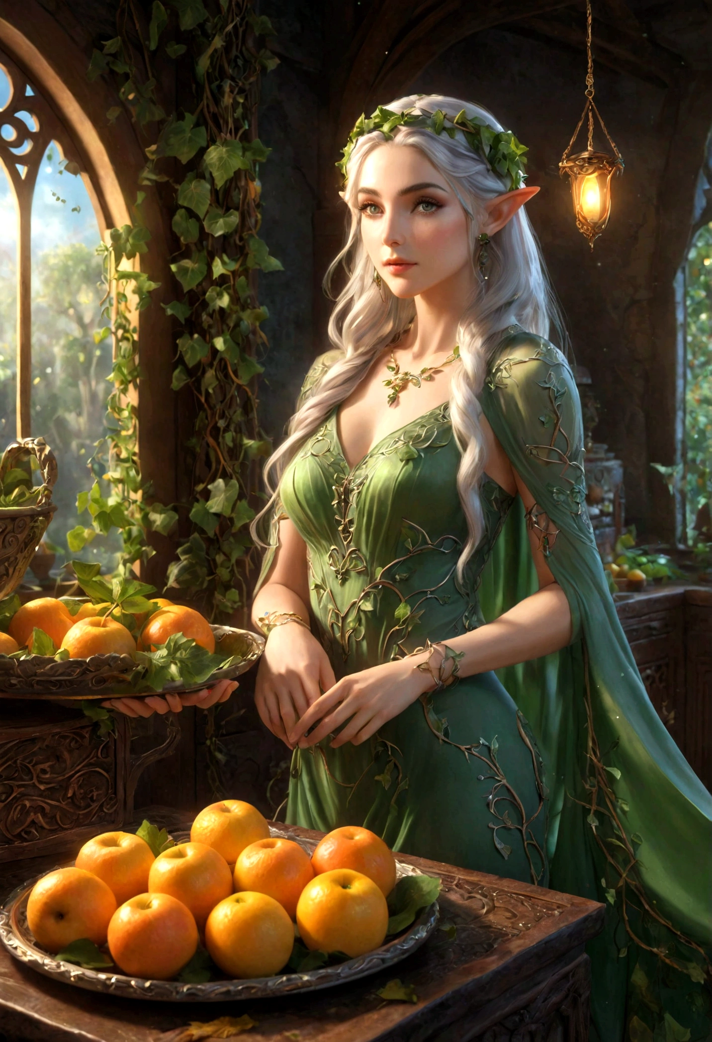 a high fantasy elven kitchen,ivy and flower trim work,a single small fruit on a carving tray,a lovely elven woman in a sexy translucent moon silk dress,best quality,4k,8k,highres,masterpiece:1.2,ultra-detailed,realistic,photorealistic,photo-realistic:1.37,HDR,UHD,studio lighting,ultra-fine painting,sharp focus,physically-based rendering,extreme detail description,professional,vivid colors,bokeh,fantasy,magical,ethereal,glowing
