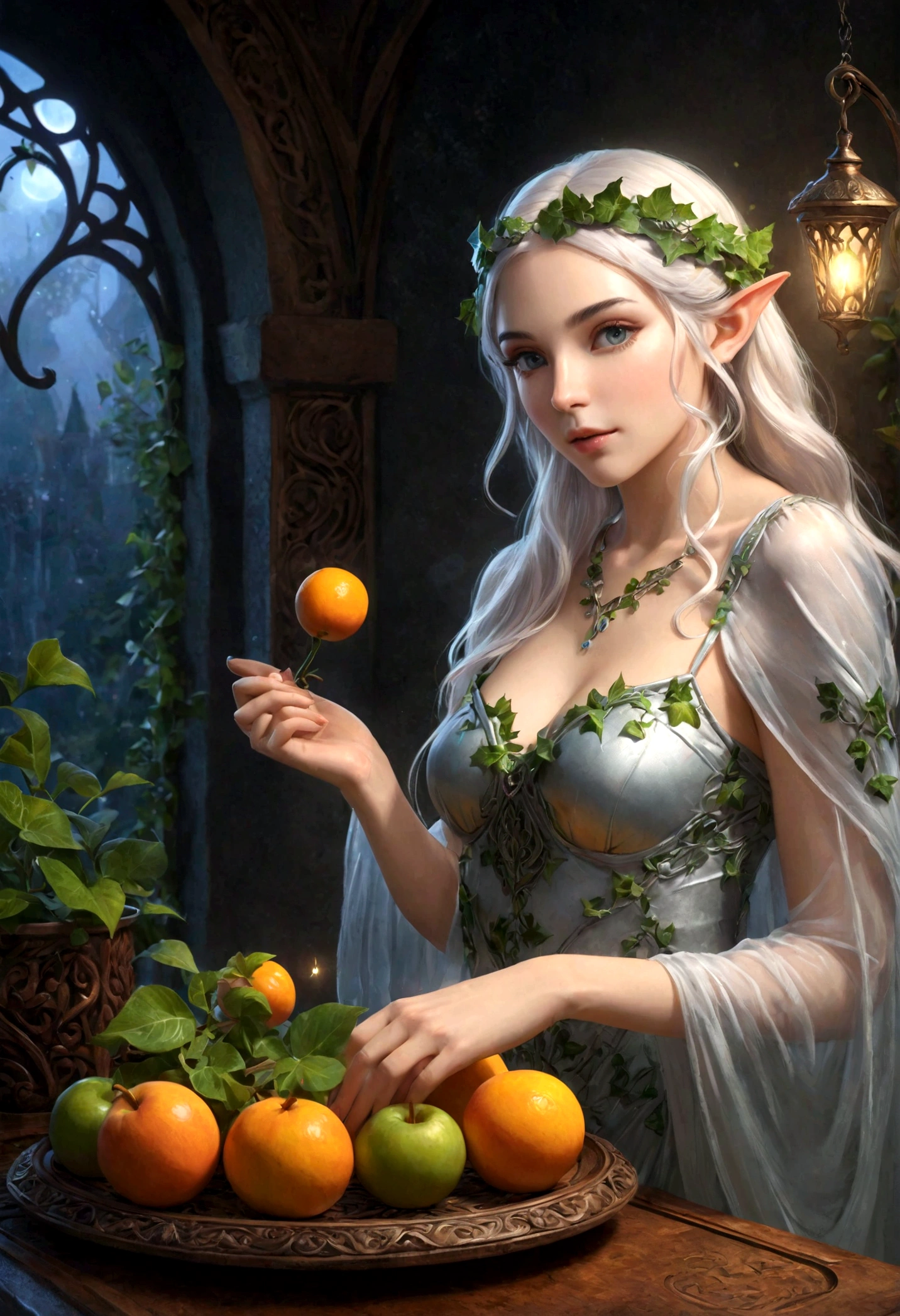 a high fantasy elven kitchen,ivy and flower trim work,a single small fruit on a carving tray,a lovely elven woman in a sexy translucent moon silk dress,best quality,4k,8k,highres,masterpiece:1.2,ultra-detailed,realistic,photorealistic,photo-realistic:1.37,HDR,UHD,studio lighting,ultra-fine painting,sharp focus,physically-based rendering,extreme detail description,professional,vivid colors,bokeh,fantasy,magical,ethereal,glowing
