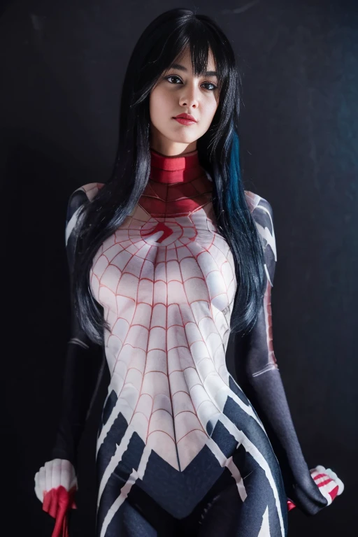 K, Top Quality, Intricate Details, Ultra Detail, Ultra High Resolution, Masterpiece, close up shot, (full body: 1.1), Slender, Smile, (Makeup: 0.4), (Fluffy blue Eyes: 1.21), (()), 1girl, solo, 1 girl, ((blue hair, bangs, long hair)), close up shot, , ((tall)), (((fit body))), (((slim face))), sharp face, (()) (detailed face), sharp face, small lips, , , ((,, )), , ((black spiderman suit)), detailed face, detailed breast, , ((large breast, huge breast)), detail ass, Narrow Waist, Skinny, tall , 190 cm tall, Muscular, Navel, Exposed Abdomen, Pointed Chest,, Beautiful girl with accentuated slender abs: 1.4, Six Pack Abs: 1.4, Bust Botox, Big, Perfect Body, detail leg, (( dark background)), black background,
