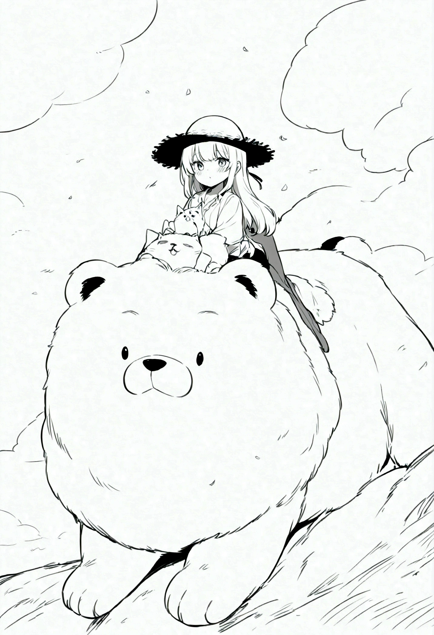 Bear wearing a straw hat Cat riding on a bear An illustration Monochrome