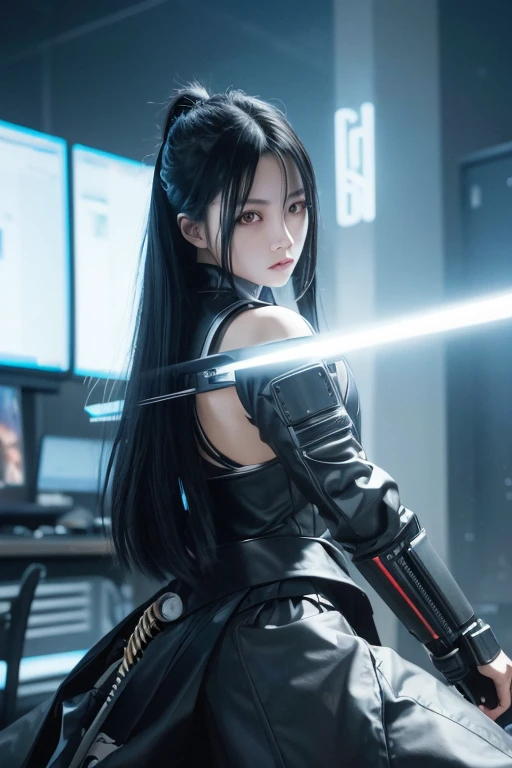 Digital Cyberpunk Art 32k，Complex，Very detailed，Long black hair、Shiny、Wear cyberpunk white and light blue samurai armor、Japanese women、Medium chest、In front of countless monitors、Holding a sword、(fighting stance)