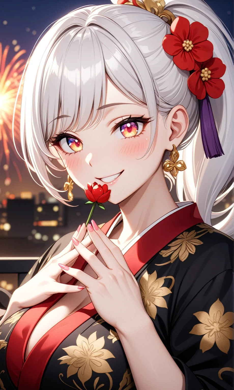 ((one personの女性)), Beautiful Face,Laughing embarrassedly,((Wink:2.0)),Laughing with your mouth open,((Bright red cheeks:1.3)),Glossy pink lips,night,rooftop,firework,((Anime style background)),masterpiece, highest quality, so beautiful, Latest, Complex details, (Pink long nails),(ring),AI-generated, Complex,High resolution, highest quality, super high quality,3D Images、View your viewers、3D Images,one person,Long white hair,High Ponytail,blue eyes,Anime woman posing for a photo, ((Fine grain、Colorful eyes、Shining Eyes:1.3)),(Squint your eyes:1.1),a hyperRealistic , hyperRealistic , Realistic,Anime woman with long and white hair, Smooth anime CG art, A woman in a colorful kimono with gold embroidery, (Black kimono),Red floral pattern,Long flower hair ornament,Big earrings,Mature Body,(Big Breasts:1.1),Tall,Big Ass,Fine details,Narrow waist,(Face close-up:1.5),(Hide your mouth with both hands)