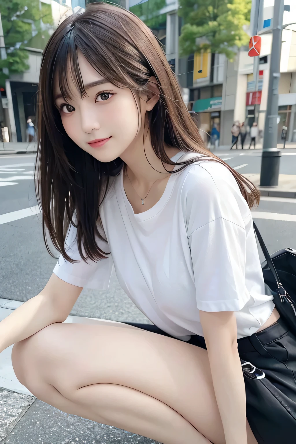 Fine details, High resolution, high quality、Perfect dynamic composition, Beautiful detailed eyes, Medium Hair, Small breasts、Natural color lip,Looking up、Shibuya-kei、20 year old girl、1 person、Clear skin、Shiny Hair、A sloppy smile、Mastepiece, Best Quality, Illustration, Super detailed, Fine details, High resolution, 8K、The correct state of the human body、squat、Gravure model pose,Hair flying in the wind、((I have an electric guitar))、(White shirt)