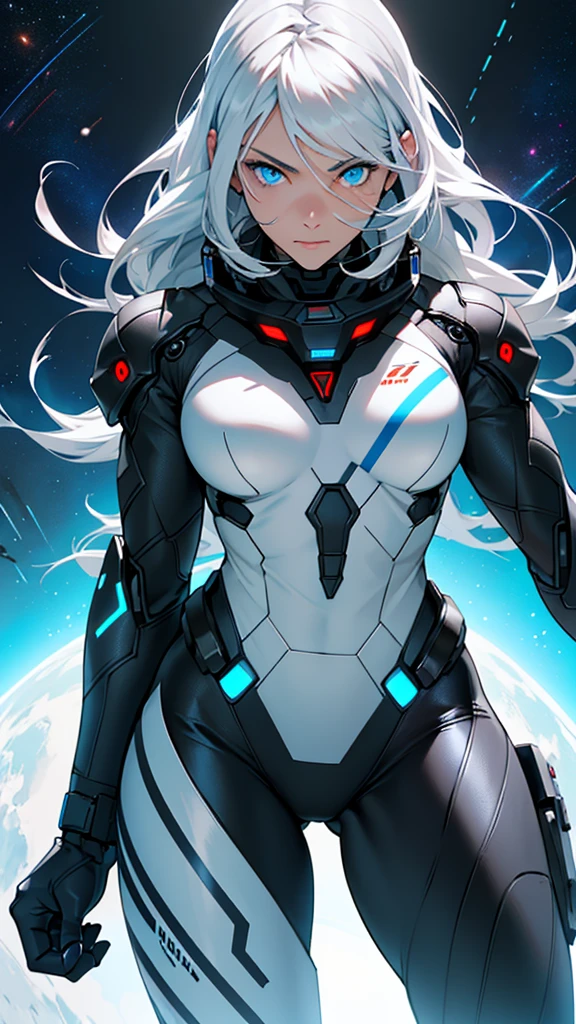 Beautiful cybernetic girl in black mobile cybernetic battle suit detailed muscles realistic masterpieces full figure pose (best quality,ultra-detailed), white-haired girl, vibrant blue eyes, long hair, fair skin, fit body, slim figure, narrow waist, large buttocks, (confident expression), black cybernetic battle spacesuit, space between thighs, confident facial expression