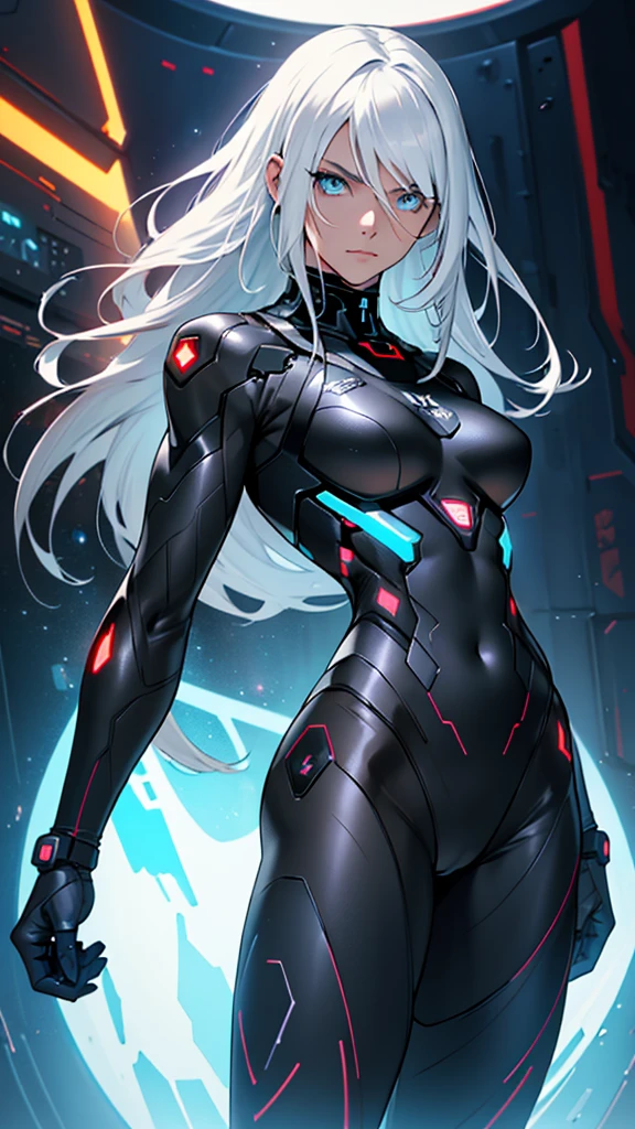 Beautiful cybernetic girl in black mobile cybernetic battle suit detailed muscles realistic masterpieces full figure pose (best quality,ultra-detailed), white-haired girl, vibrant blue eyes, long hair, fair skin, fit body, slim figure, narrow waist, large buttocks, (confident expression), black cybernetic battle spacesuit, space between thighs, confident facial expression