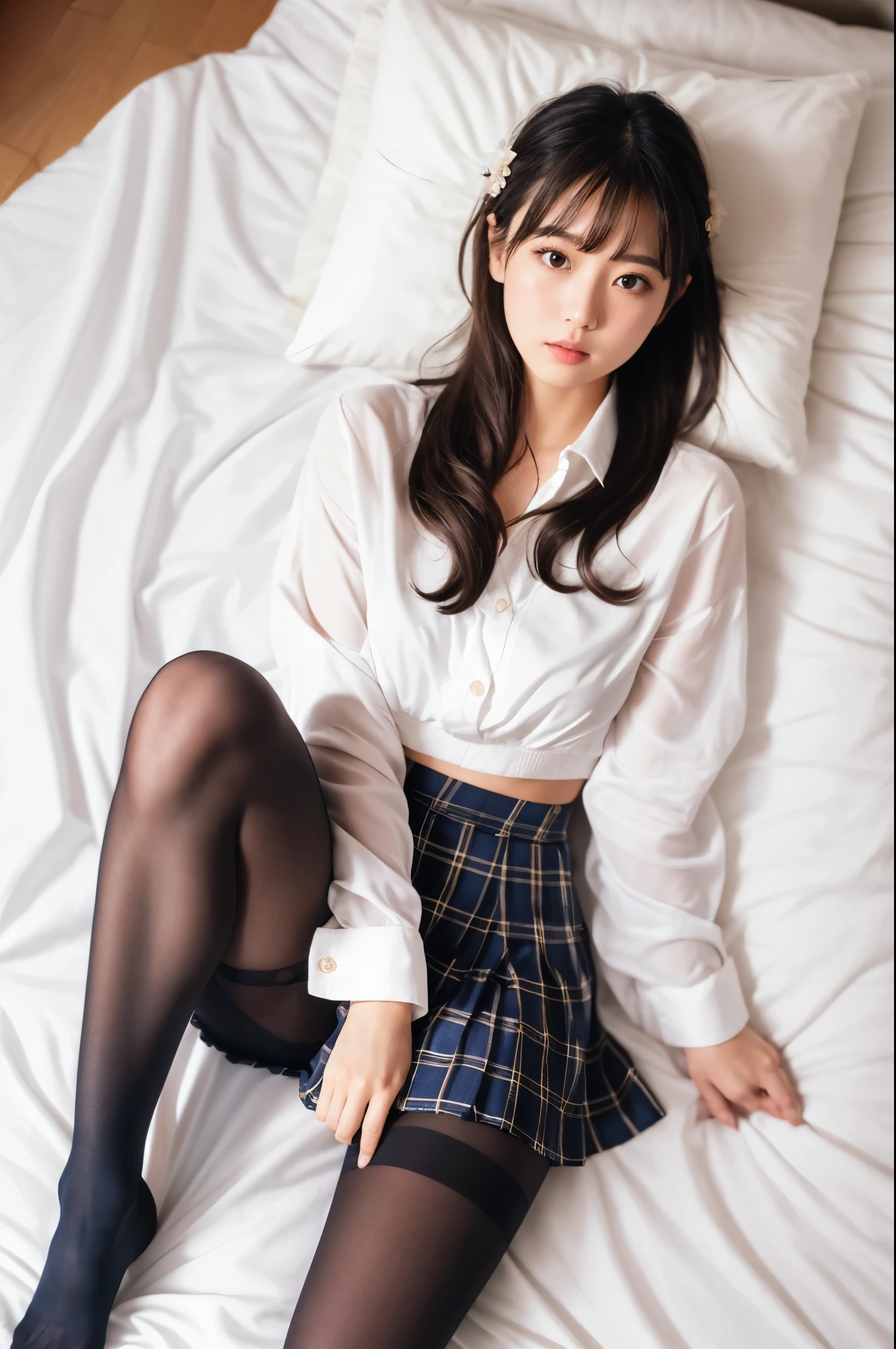 (((masterpiece))), (((highest quality: 1.4))), ((Very detailed: 1.4)) , (Full Body Shot), Front view, Mature Japanese ,  (alone: 1.3), From above, Sitting, M-shaped legs, Small breasts, (Super realistic black pantyhose: 1.2), White panties are visible, Very beautiful  girl, No shoes on, (blush: 1.3), Shy big eyes, (short (Brown hair parting), (bangs), Messy Hair, (hairpin), Lying on white sheets), looking at the camera, look white, White underwear, High Blazer, High cut white shirt, High Blue Ribbon, High , Checkered and navy pleated skirt, Mycotrose, Long brown hair, Brown eyes