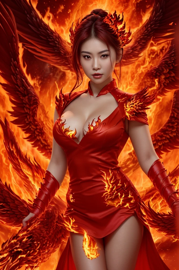 best quality, 8k, highly detailed face and skin texture, high resolution, big tits asian girl in sexy red short dress with fire and phoenix, with fire background, full body, sharp focus