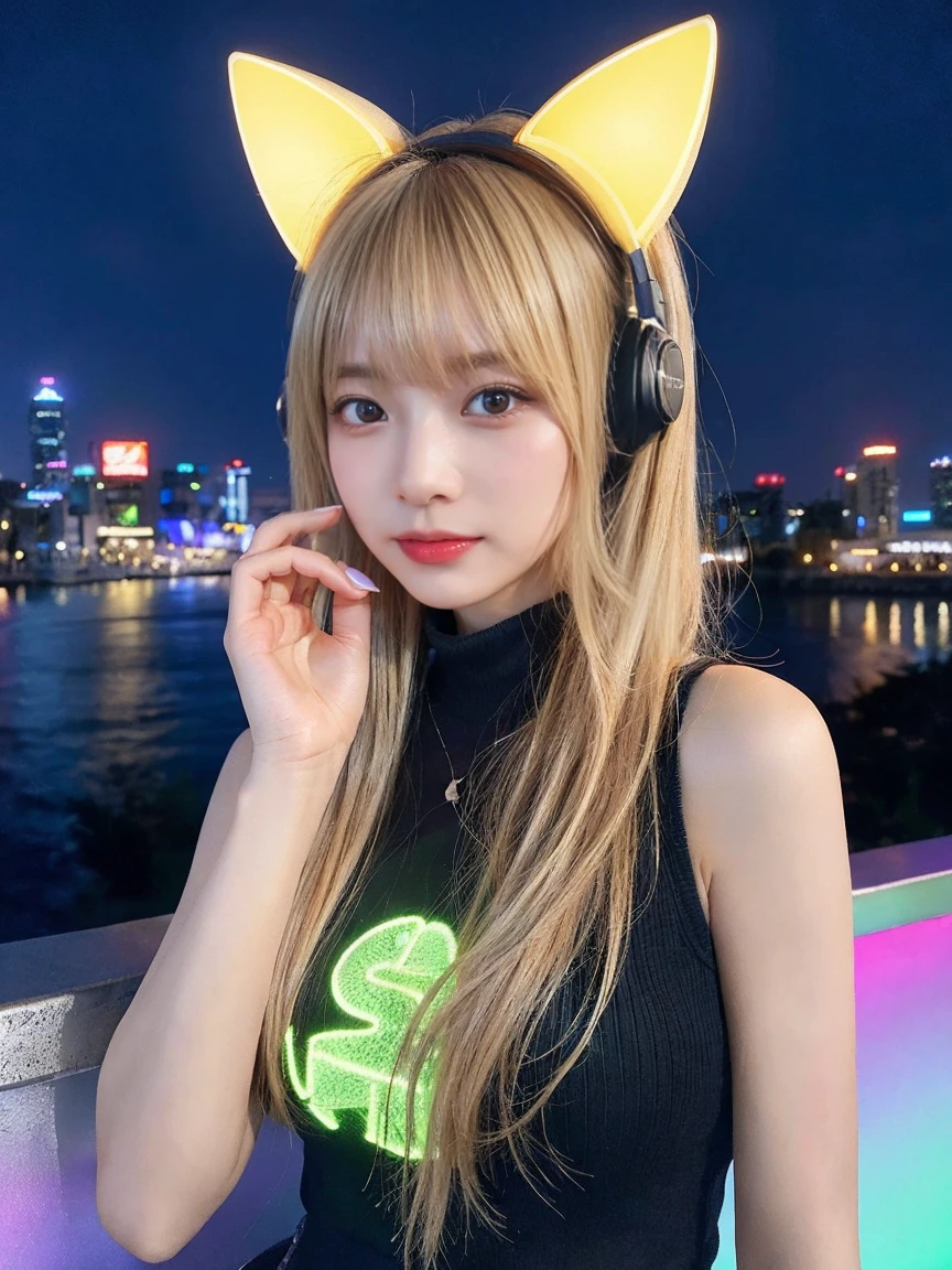 最high quality, masterpiece, 32k、Very detailed、Realistic、1 girl, Japanese women、big 、big Breasts、bigおっぱい、Cute Face, (photo Actual:1.3),Bob Hair(Golden hair color、Blonde Hairstyles)、Edge lighting, (Skin with attention to detail:1.2), 8k超High resolution, Single-lens reflex camera, high quality, High resolution, 4K, 8k, Optimal ratio of four fingers to one thumb, (Actual:1.3), cute 1 girl, Realistic、Super Realistic、32k、Very detailed、masterpiece, 最high quality, beautiful girl, beauty、Mecha, Beautiful lighting, (Neon Light:1.2), (night:1.5), Sexy K-Pop Idol Costumes、Sexy and attractive sleeveless clothing、vomit denim pants、big Breasts(big 、There is a valley)、Cat ears microphone headphones(Headphones Gaming Headgear with Microphone、Head Fan)、Are standing、Cyber Neon、Future City、Skyscraper、都会のnight、Shanghai、big cities、night景、綺麗なnight景