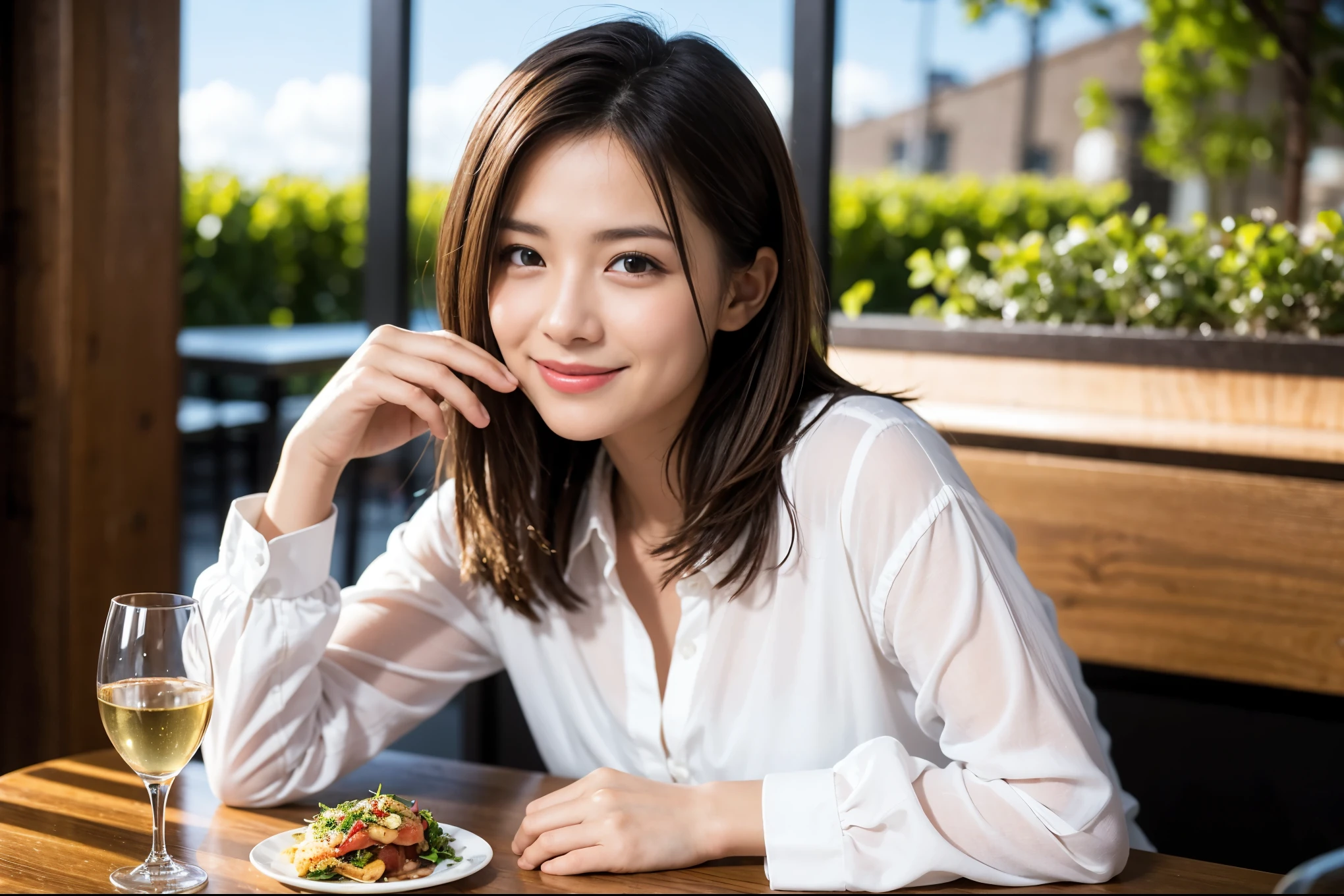 ((highest quality、8k、masterpiece:1.3))、1 male 1 female、石原さとみ似美女Couple、Lovers、Couple、The body is slim、full-course dinner、テーブルの上のwine glass、Shine light on your face、 Amazing view of the sunset sky and clouds、A bright smile、The wonderfulness of smile、Bright image、 short hair,Bright Face、 (Age 37), "41 years old, red wine 、Appetizers、Italian food、Wine bottle、Champagne、sparkling wine、Two beauties、Brown Hair、Shortcuts、Long sleeve shirt、dress、Pretty Woman 1, (slimな顔), (The body is slim), (Brown Hair), (Shortcuts), cheeks turn a little red,Attractive beauty、restaurant, In a prominent place (From the waist up) Nova Frog Style, actress, model, Upper Body, White wine, slim, wine glass, 中央に置かれたwine glass, smile, (smile: 1.15), Beautiful fine grain, Depth f/2,saturation, High Contrast, Strong light and shadow,Moist Body:1.5、3D texture、Delicate eyes、Brown Hair、The hair is very shiny、