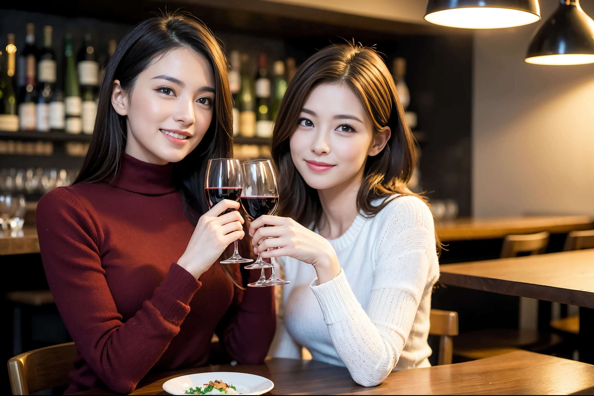((highest quality、8k、masterpiece:1.3))、1 male、1 female、Couple、Spouse、Couple、The body is slim、((Bob Hale、Straight hair:1.2)), (Realistic, Intricate details:1.2), テーブルの上のwine glass、Shine light on your face、 Amazing view of the sunset sky and clouds、Amazing mountain views、A bright smile、The wonderfulness of smile、Bright image、The beauty of wine, Beautiful Face, blue eyes, The light shines on your face, Blushing, short hair,Bright Face、 (Age 37), 39 years old, red wine 、Appetizers、Italian food、Wine bottle、Champagne、sparkling wine、Two beauties、Brown Hair、Shortcuts、Long sleeve shirt、dress、Pretty Woman 1, (slimな顔), (The body is slim), (Brown Hair), (Shortcuts), cheeks turn a little red,Attractive beauty、restaurant, In a prominent place (From the waist up) Nova Frog Style, actress, model, Upper Body, White wine, slim, wine glass, 中央に置かれたwine glass, smile, (smile: 1.15), Beautiful fine grain, Depth f/2,saturation, High Contrast, Strong light and shadow,Moist Body:1.5、3D texture、Delicate eyes、Brown Hair、The hair is very shiny、