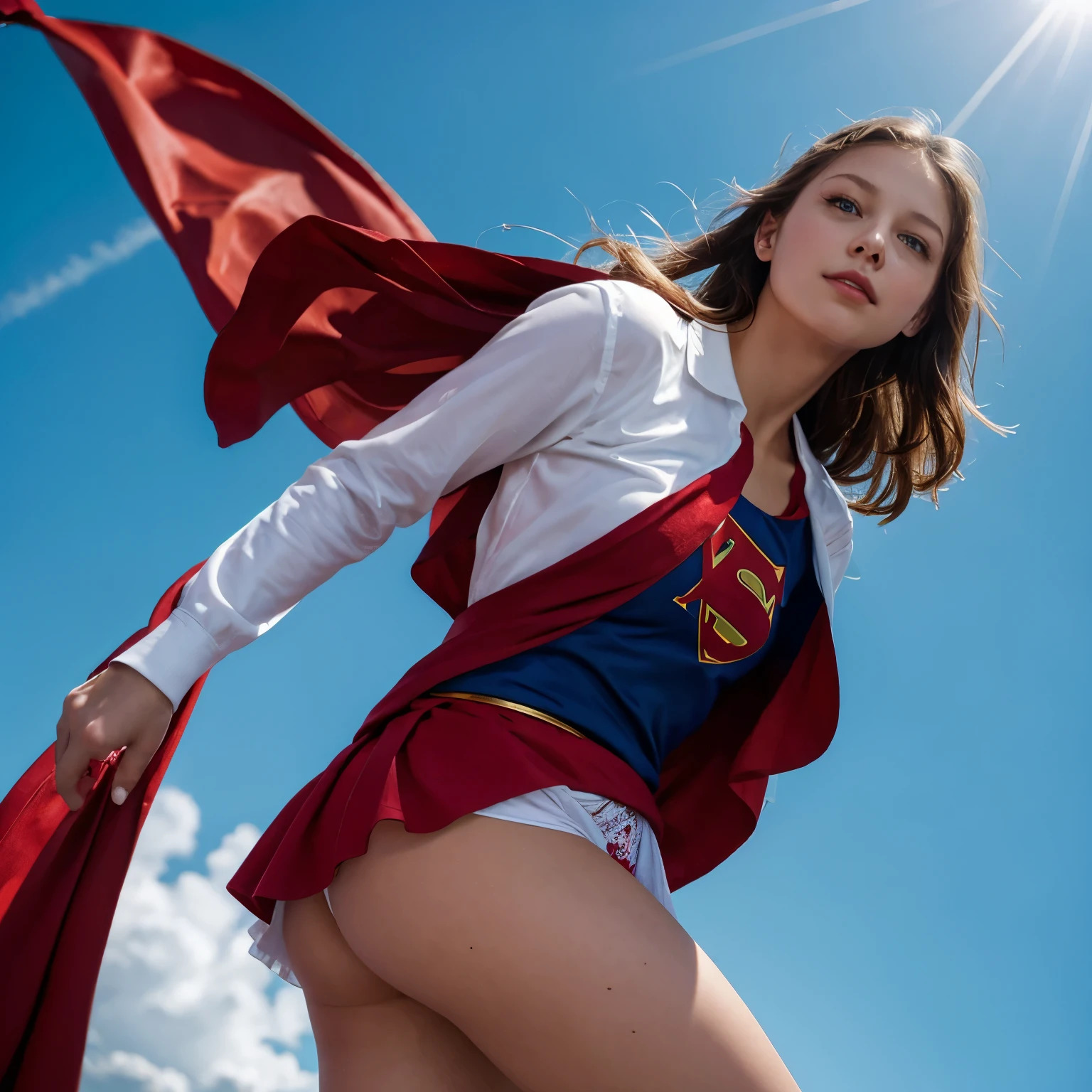 whimpering Melissa Benoist open thighs,super girl up skirt,(white panties),(shoot from below),(coverd nipples),wind from below,sky,solo, red cape,(red thin skirt),(blue tite long sleeve shirt),damage, injuries,bruises,