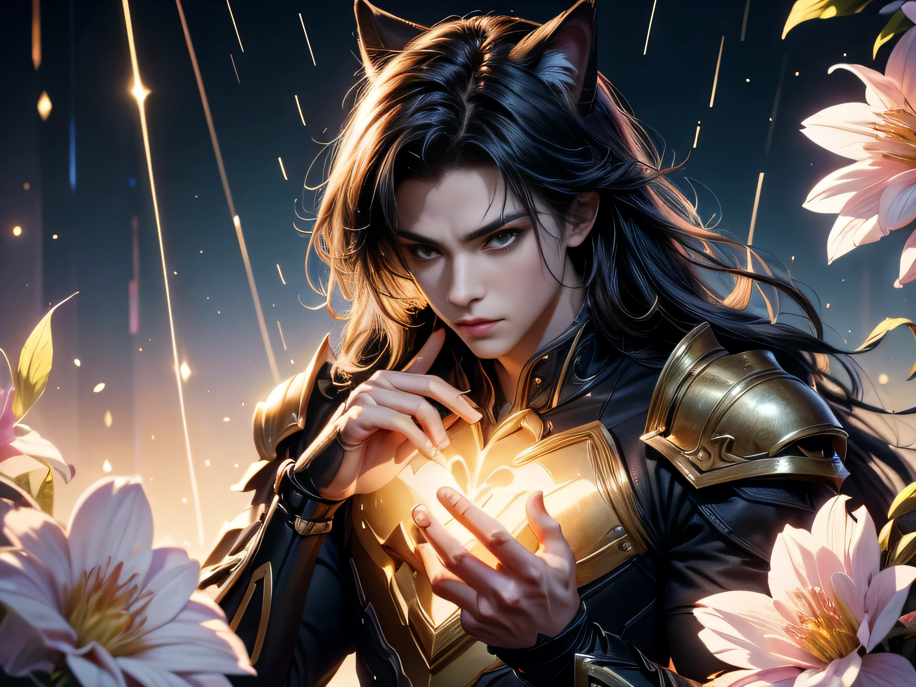(Best Quality, 8K, Masterpiece, HDR, Soft Lighting, Picture Perfect, Realistic, Vivid), Nine Tails of a Black Fox (1.0), Tail of a Black Fox (1.0), Nine-Tailed Fox, Guy Fox with Black Hair and Blue Suit Sexy open leather suit, naked torso with developed body, beautiful fantasy anime, very handsome and cute fox guy, pink flower rain, background blur, anime fantasy, Gouves style work, realistic: 1.37, top view, lying in pink flowers, horizontal view, (ultra high quality fantasy art), masterpiece, male model, ultra high quality male character design, anime art with 8k development, realistic anime art, highest quality wallpaper illustrations, complex ultra high quality accurate male characters faces, high quality design and accurate physics (super high quality fantasy style)) art, dark fantasy)) Style), masterpieces, super high-quality characters, anime resolution - 8K, realistic anime art, wallpapers with the highest quality illustrations, ultra-high detail of faces, high-quality design and accuracy of physics), color, depth of field, shadows, ray tracing , production of high-quality computer wallpapers and 8K resolution, (Accurate simulation of the interaction of light and materials)], [High-quality hair detail [More about beautiful and shiny red hair]], (Beautifully detailed hands [perfect fingers [Perfect nails]], (perfect anatomy (perfect proportions)))) [[Full-length]], [Perfect combination of colors (Accurate imitation of the interaction of light and material)], [art that conveys the meaning of the story]