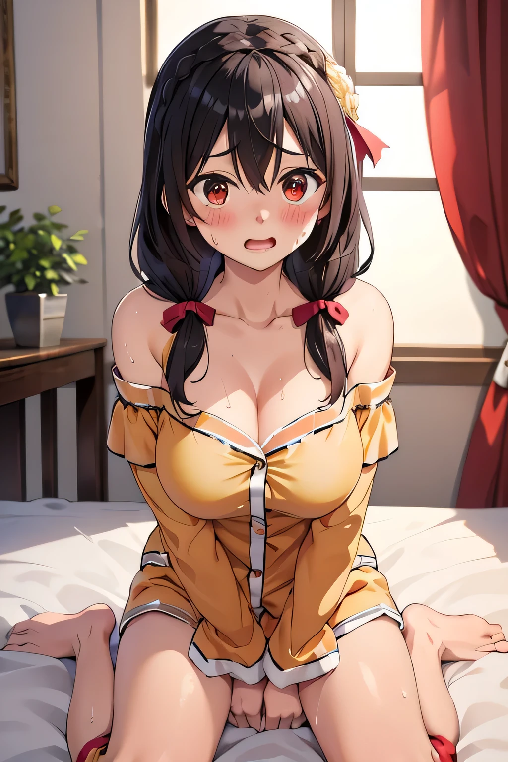 masterpiece,highest quality,High resolution,Very detailed,yes,Long Hair,Braiding,Twin tails,Hair between the eyes,Hair Ribbon,hair ornaments,(Big Breasts:1.5),(Yellow off-the-shoulder pajamas with white sleeves:1.2),bed,Embarrassed look,No pants,Sweat,Wet,Red Eyes、Open your mouth a little、(The face blushes)、Beautiful eyes、Pants are pink、(wariza)