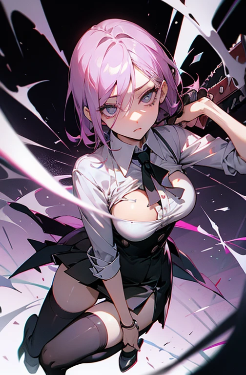 Cool women、sexy、Center of chest、Rize from Chainsaw Man、beauty、yandere、Sword in hand、、Miniskirt、Black ripped stockings、