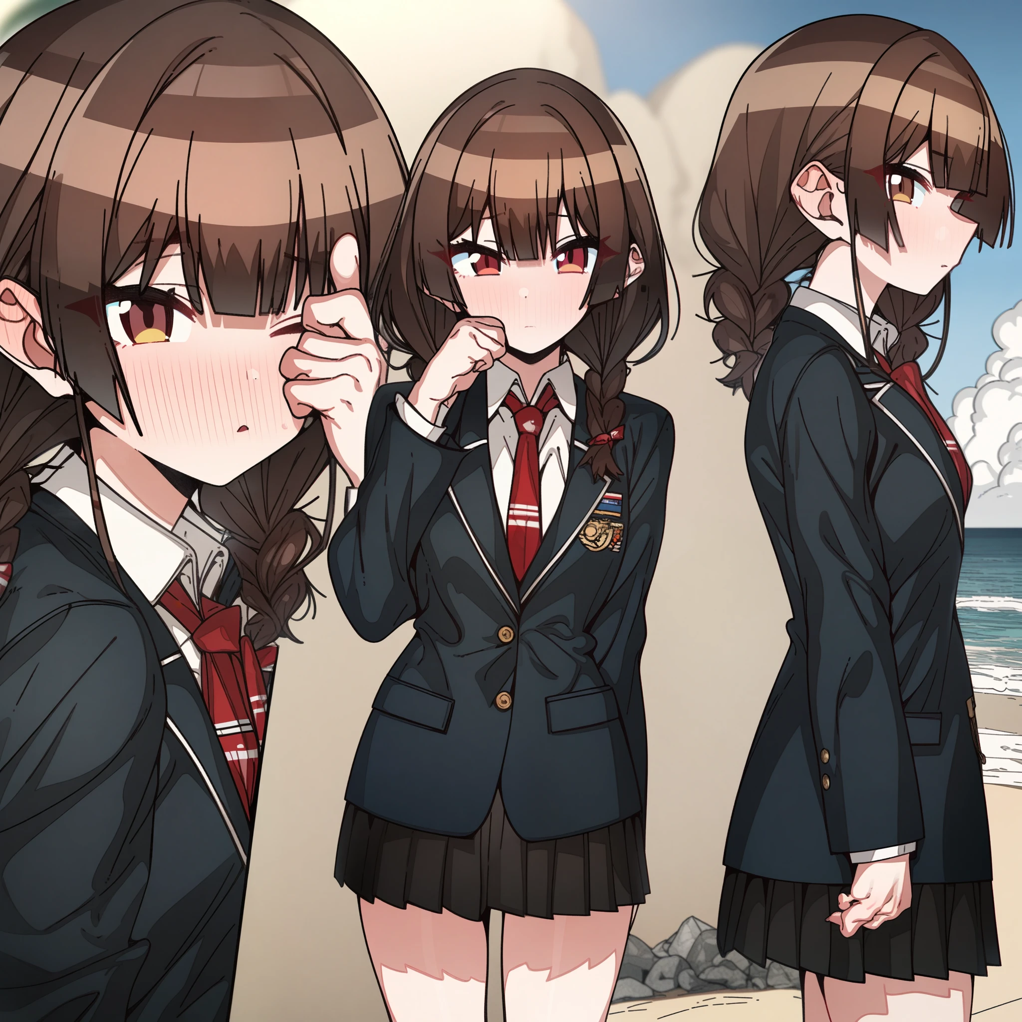 houshou_marine with brown hair and brown eyes, Artist, erere, Copyrights, idolmaster, idolmaster_shiny_colors, Character, General, 1girl, brown_hair, blunt_bangs, blush, medium_breasts, breasts, detailed eyelashes, beatiful girl:1, brown_eyes, censored, school_uniform, black pleated skirt, black blazer, white shirt, red tie, twin_braids, :|:0.5, (full_body) (standing in middle, beach, rocks), sky:0.7, half-closed_eyes, detailed, sand, outdoors, from_side, looking_at_viewer, masterpiece, best_quality, great_quality, girl, solo, center_composition, centered character, cute, rubbing_eyes, sleepy