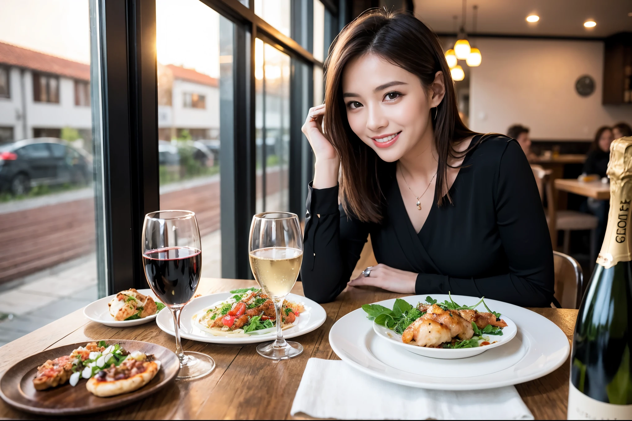 ((highest quality、8k、masterpiece:1.3))、1 male 1 female、lover、Beautiful couple、Smile、full-course dinner、 (Slim face), (the body is スリム), (Brown Hair), (Shortcuts), ((Bob Hale、Straight hair:1.2)), Wine glass on the table、shine a light on your face、 Amazing view of the sunset sky and clouds、The beauty of a smile、Bright image、Blushing, Shortcuts, (Age 35), 39 years old, Appetizers、Italian food、Wine bottle、Champagne、sparkling wine、Long sleeve shirt、dress、Attractive beauty、restaurant, Nova Frog Style, actress, model, Upper Body, White wine, red wine, wine glass,