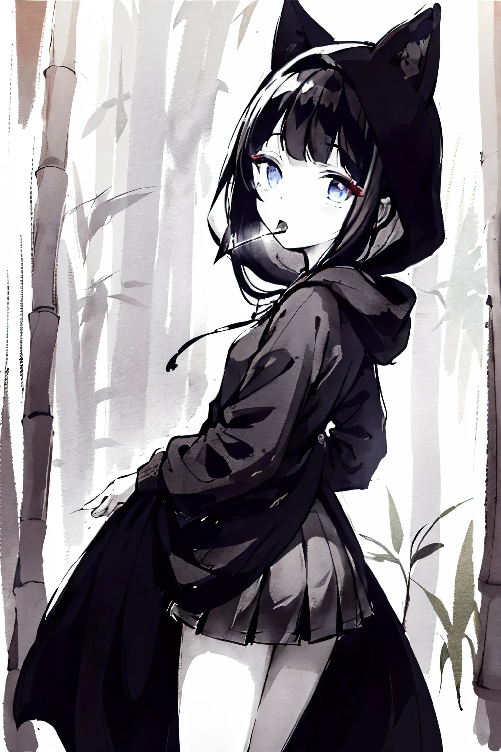 ((highest quality)), ((masterpiece)), (detailed), Monochrome、Black and White、mysterious、adult、One girl,Tall girls、hoodie、mini skirt、Wearing a hood、Patterned hood、Bamboo hair、Bob Hair、blue eyes、Glowing Eyes、Hanging eyes、Bamboo shoots in mouth、Beautiful Face、Black Hair、Cuckoo on the shoulder、Strip Hair Ornament、Tanabata decoration、bamboo、Strip、night、Cowboy Shot、front