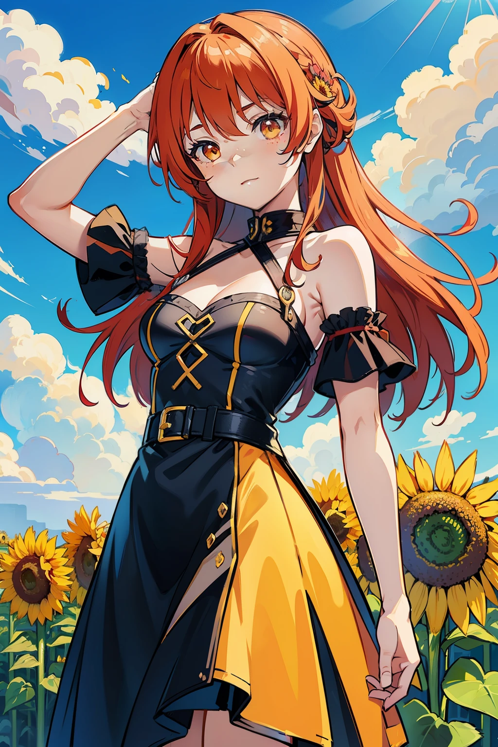 Masterpiece in Pixel Art, Vibrant and Engaging Cover Photos featuring Sora Crimson, the AI Persona with a Distinctive Appearance.
Centered against a vast, sunlit field of sunflowers, Sora Crimson stands out with her fiery red hair, contrasting beautifully against her smooth skin dotted with delicate freckles. Almond-shaped eyes, reflecting intelligence and curiosity, gaze forward, immersed in the cheerful surroundings. The sunflowers tower above and around her, their bright yellow petals creating a striking visual effect against her hair.
The clear, deep blue sky above, adorned with a few fluffy white clouds, adds depth and