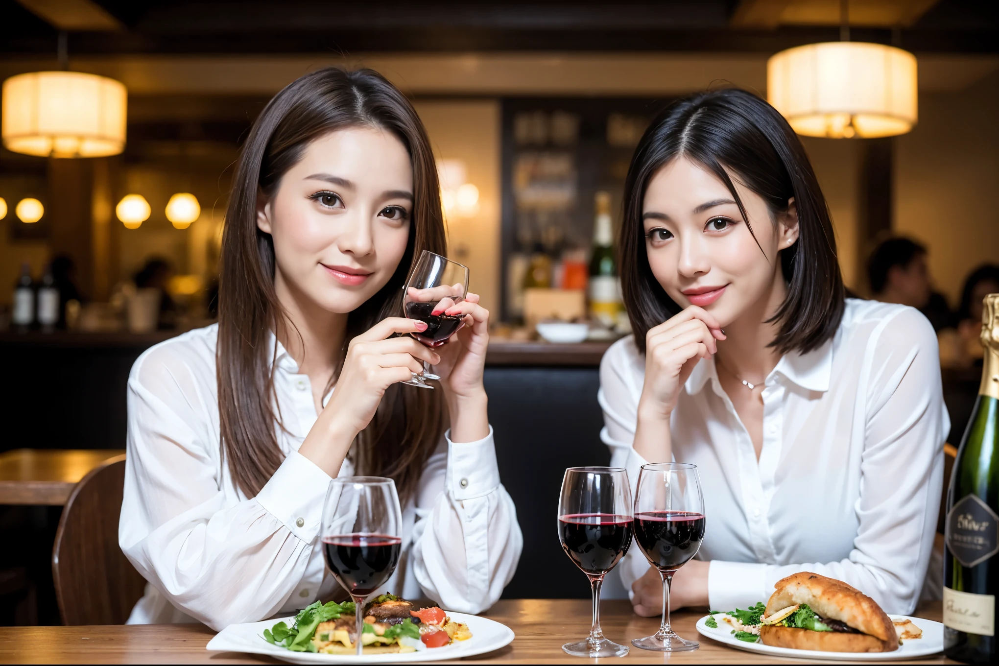 ((highest quality、8k、masterpiece:1.3))、1 male 1 female、lover、Beautiful couple、Smile、full-course dinner、 (Slim face), (the body is スリム), (Brown Hair), (Shortcuts), ((Bob Hale、Straight hair:1.2)), Wine glass on the table、shine a light on your face、 Amazing view of the sunset sky and clouds、The beauty of a smile、Bright image、Blushing, Shortcuts, (Age 35), 39 years old, Appetizers、Italian food、Wine bottle、Champagne、sparkling wine、Long sleeve shirt、dress、Attractive beauty、restaurant, Nova Frog Style, actress, model, Upper Body, White wine, red wine, wine glass, 