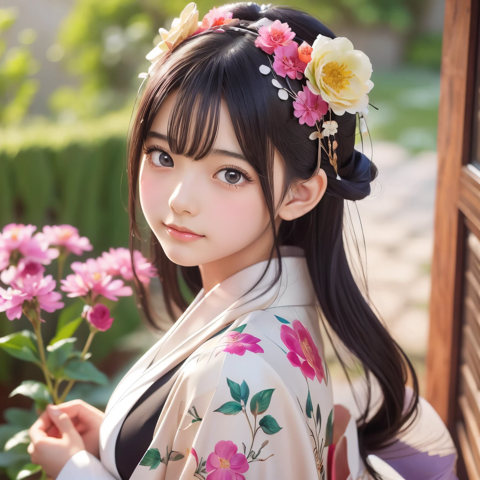 Arabian woman in kimono with flowers on her head, Beautiful digital artwork, Beautiful digital illustrations, Beautiful digital painting, Gorgeous digital painting, Gweiz-style artwork, Photorealistic anime girl rendering, Smooth anime CG art, Beautiful digital art, Amazing digital art with great detail, Amazing digital illustrations, Detailed digital anime art, April Rendering, Beautiful anime portraits