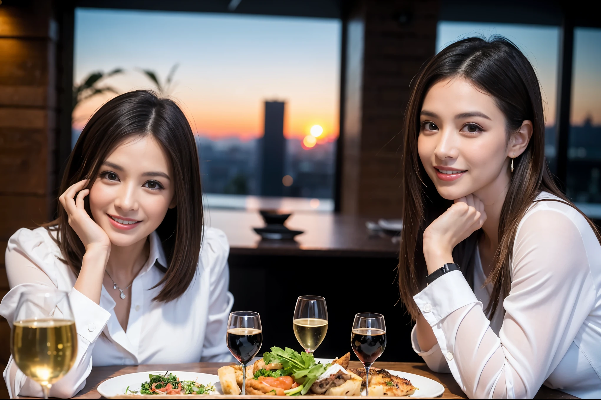 ((highest quality、8k、masterpiece:1.3))、1 male 1 female、lover、Beautiful couple、Smile、full-course dinner、 (Slim face), (the body is スリム), (Brown Hair), (Shortcuts), ((Bob Hale、Straight hair:1.2)), Wine glass on the table、shine a light on your face、 Amazing view of the sunset sky and clouds、The beauty of a smile、Bright image、Blushing, Shortcuts, (Age 35), 39 years old, Appetizers、Italian food、Wine bottle、Champagne、sparkling wine、Long sleeve shirt、dress、Attractive beauty、restaurant, Nova Frog Style, actress, model, Upper Body, White wine, red wine, wine glass, 