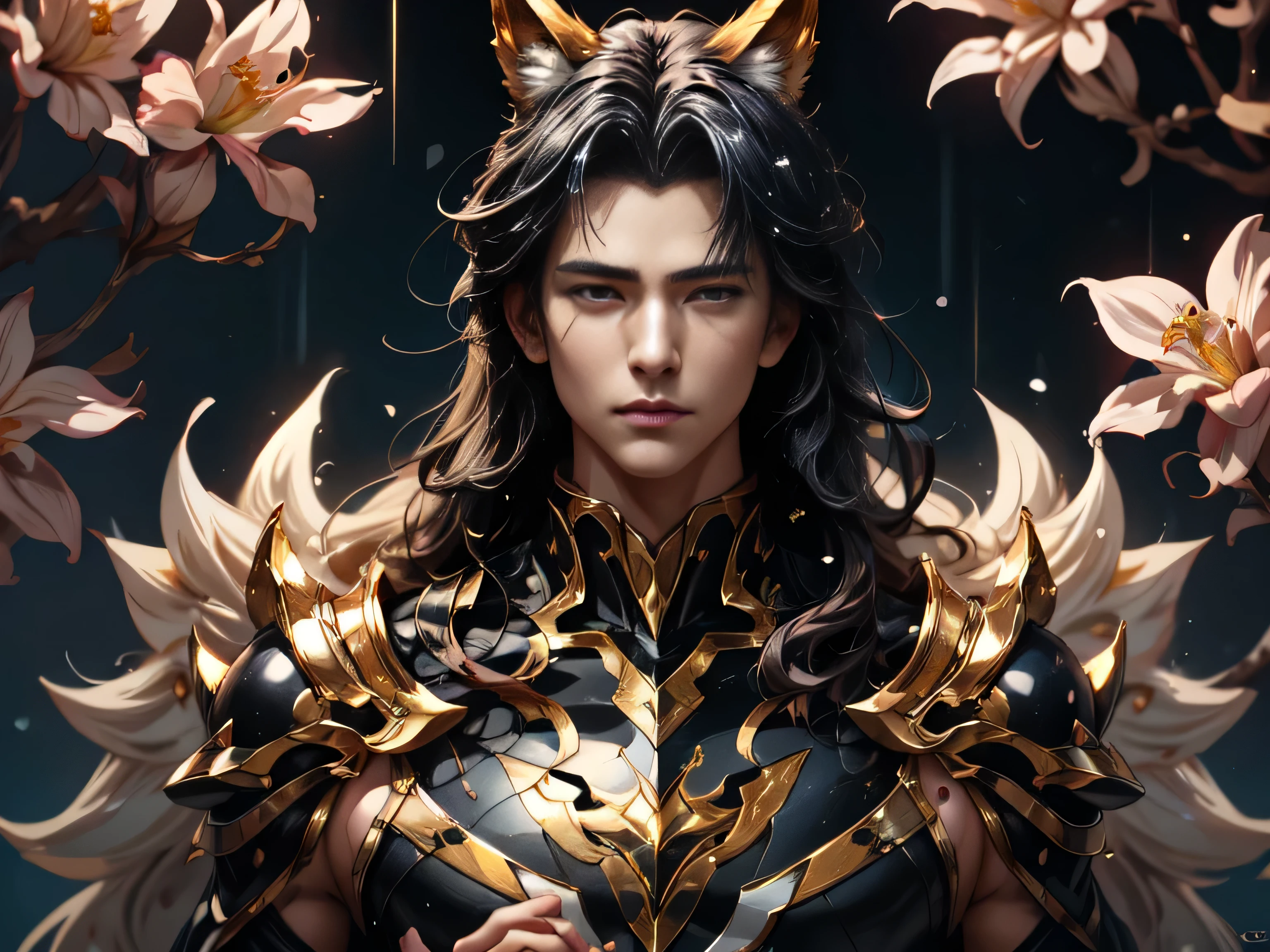 (Best Quality, 8K, Masterpiece, HDR, Soft Lighting, Picture Perfect, Realistic, Vivid), Nine Tails of a Black Fox (1.0), Tail of a Black Fox (1.0), Nine-Tailed Fox, Guy Fox with Black Hair and Blue Suit Sexy open leather suit, naked torso with developed body, beautiful fantasy anime, very handsome and cute fox guy, pink flower rain, background blur, anime fantasy, Gouves style work, realistic: 1.37, top view, lying in pink flowers, horizontal view, (ultra high quality fantasy art), masterpiece, male model, ultra high quality male character design, anime art with 8k development, realistic anime art, highest quality wallpaper illustrations, complex ultra high quality accurate male characters faces, high quality design and accurate physics (super high quality fantasy style)) art, dark fantasy)) Style), masterpieces, super high-quality characters, anime resolution - 8K, realistic anime art, wallpapers with the highest quality illustrations, ultra-high detail of faces, high-quality design and accuracy of physics), color, depth of field, shadows, ray tracing , production of high-quality computer wallpapers and 8K resolution, (Accurate simulation of the interaction of light and materials)], [High-quality hair detail [More about beautiful and shiny red hair]], (Beautifully detailed hands [perfect fingers [Perfect nails]], (perfect anatomy (perfect proportions)))) [[Full-length]], [Perfect combination of colors (Accurate imitation of the interaction of light and material)], [art that conveys the meaning of the story]